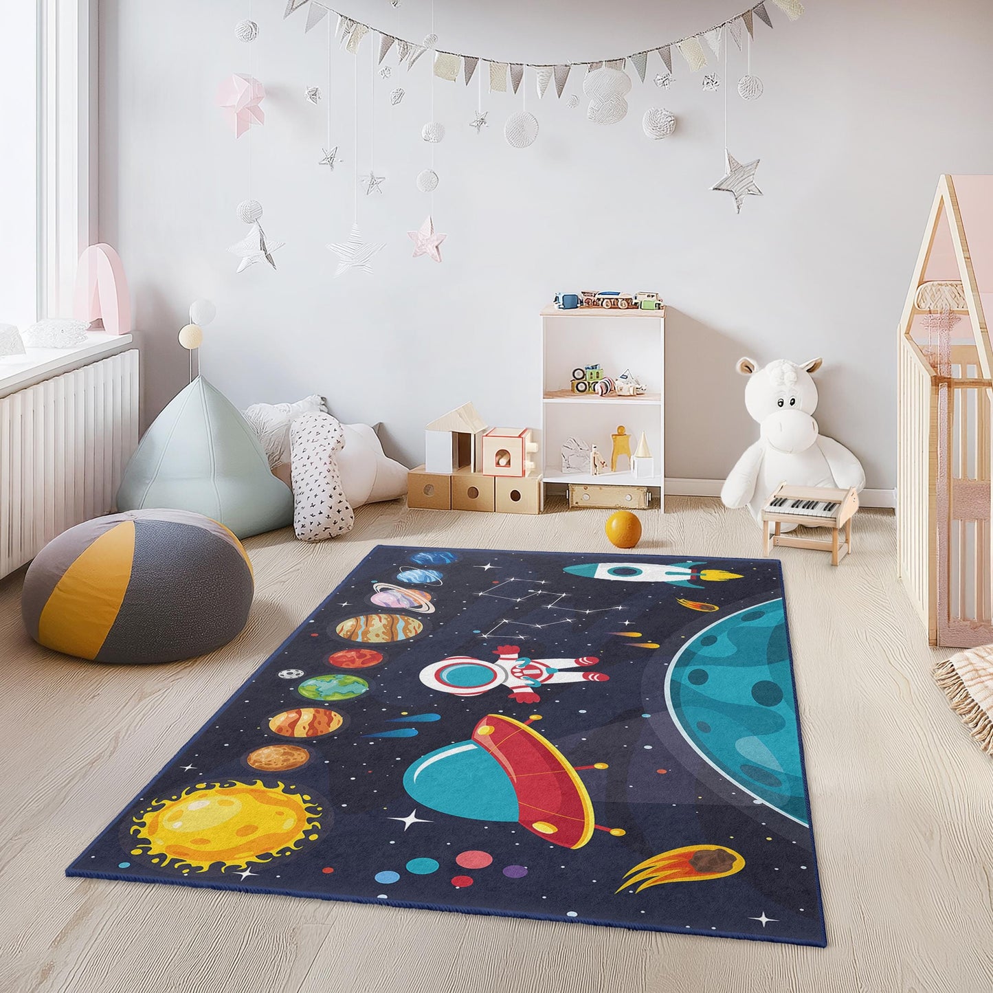 Weltraum-Deko, Galaxie-Teppich, rechteckiger Kinderteppich „Kosmisches Abenteuer“, Spielmatte „Weltraumforschung“, Astronauten-Teppich fürs Kinderzimmer
