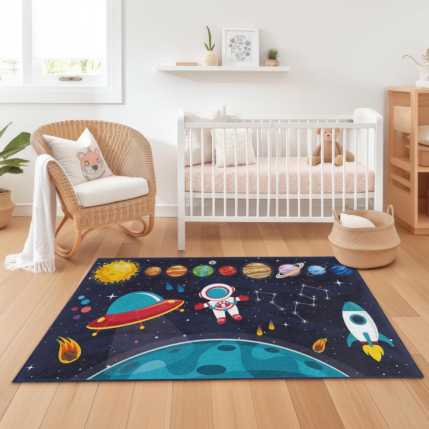 Weltraum-Deko, Galaxie-Teppich, rechteckiger Kinderteppich „Kosmisches Abenteuer“, Spielmatte „Weltraumforschung“, Astronauten-Teppich fürs Kinderzimmer
