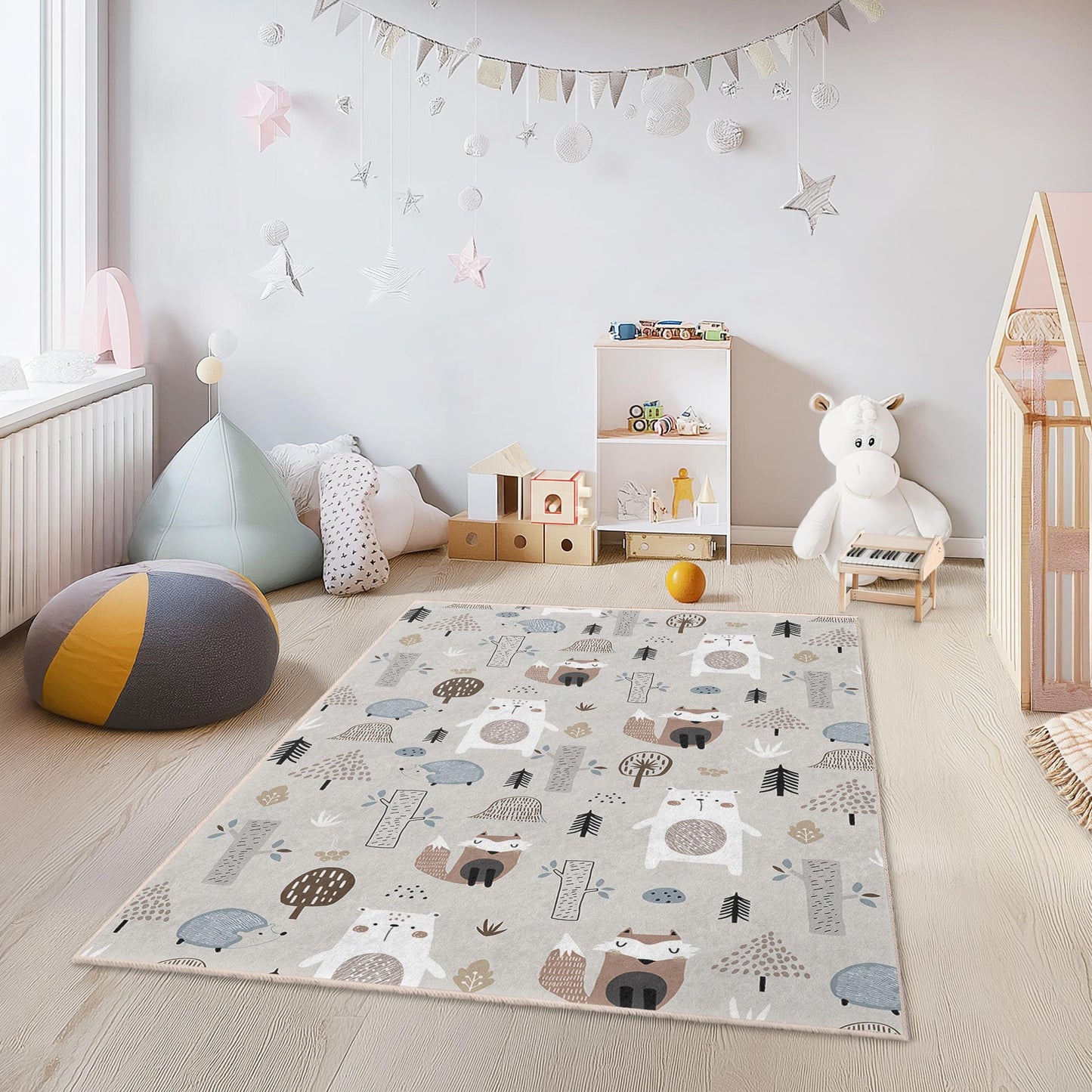 Waldteppich, verspielter Waldabenteuer-Spielteppich für Kinder, niedliches Tiermuster, rechteckiger Kinderteppich, Kinderzimmerdekoration, Waldteppich