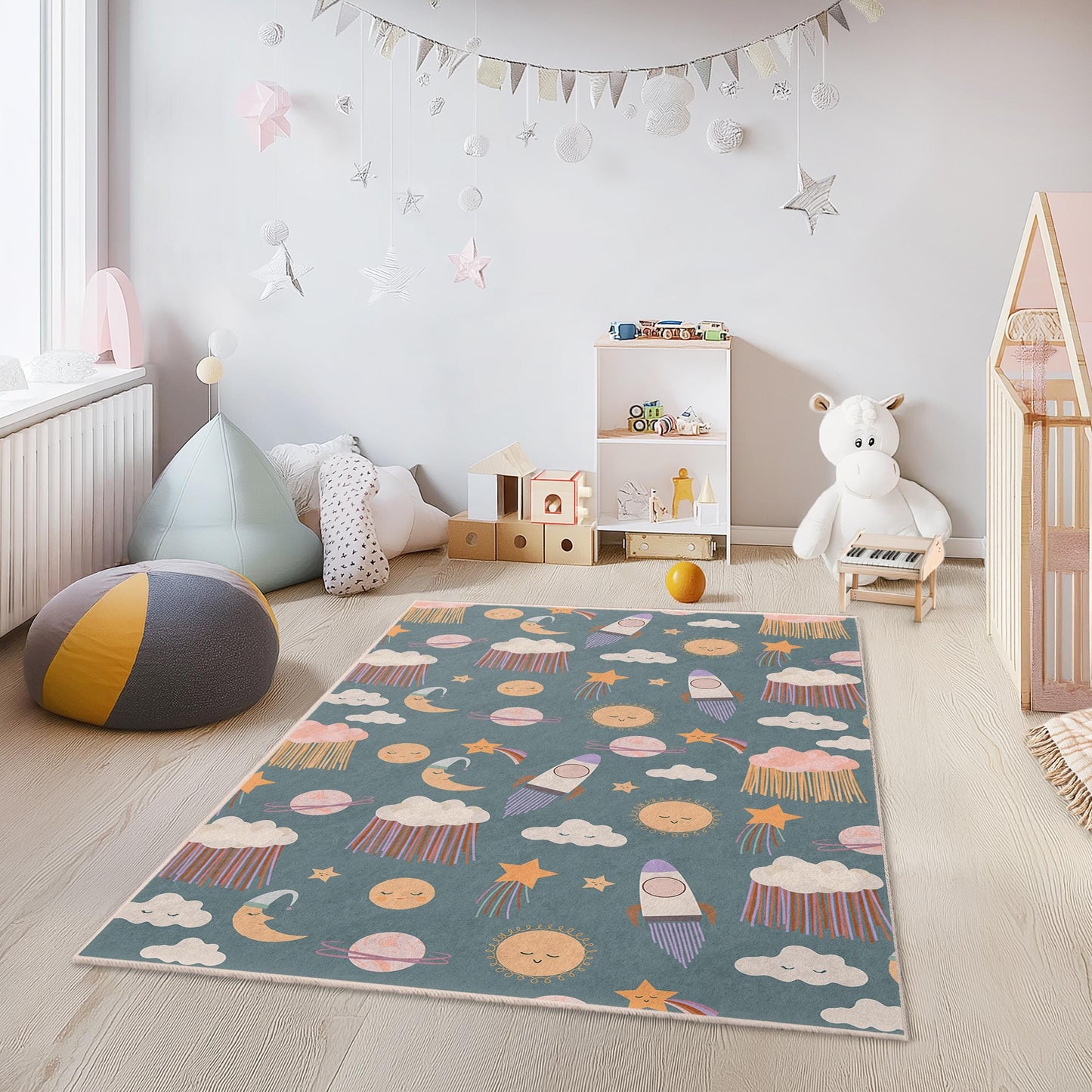 Spielzimmerteppich für Kinder, fantasievoller Weltraumabenteuer-Kinderteppich, rechteckiger Raketen- und Planetenteppich, Kinderzimmerdekoration