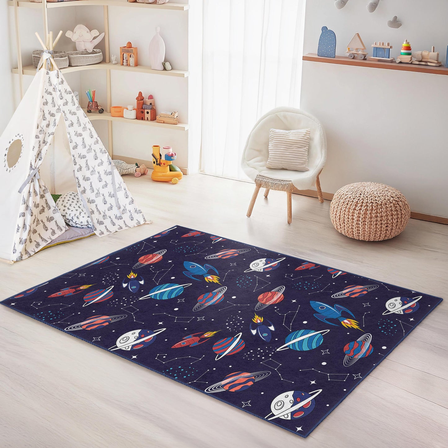 Weltraumabenteuer-Spielteppich für Kinder, Raketen- und Planeten-Spielmatte, rechteckiger Kinderteppich, Galaxie-Teppich für Kinderzimmer, Kinderzimmerdekoration