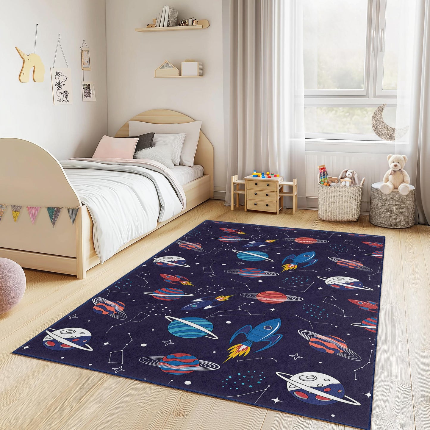 Weltraumabenteuer-Spielteppich für Kinder, Raketen- und Planeten-Spielmatte, rechteckiger Kinderteppich, Galaxie-Teppich für Kinderzimmer, Kinderzimmerdekoration