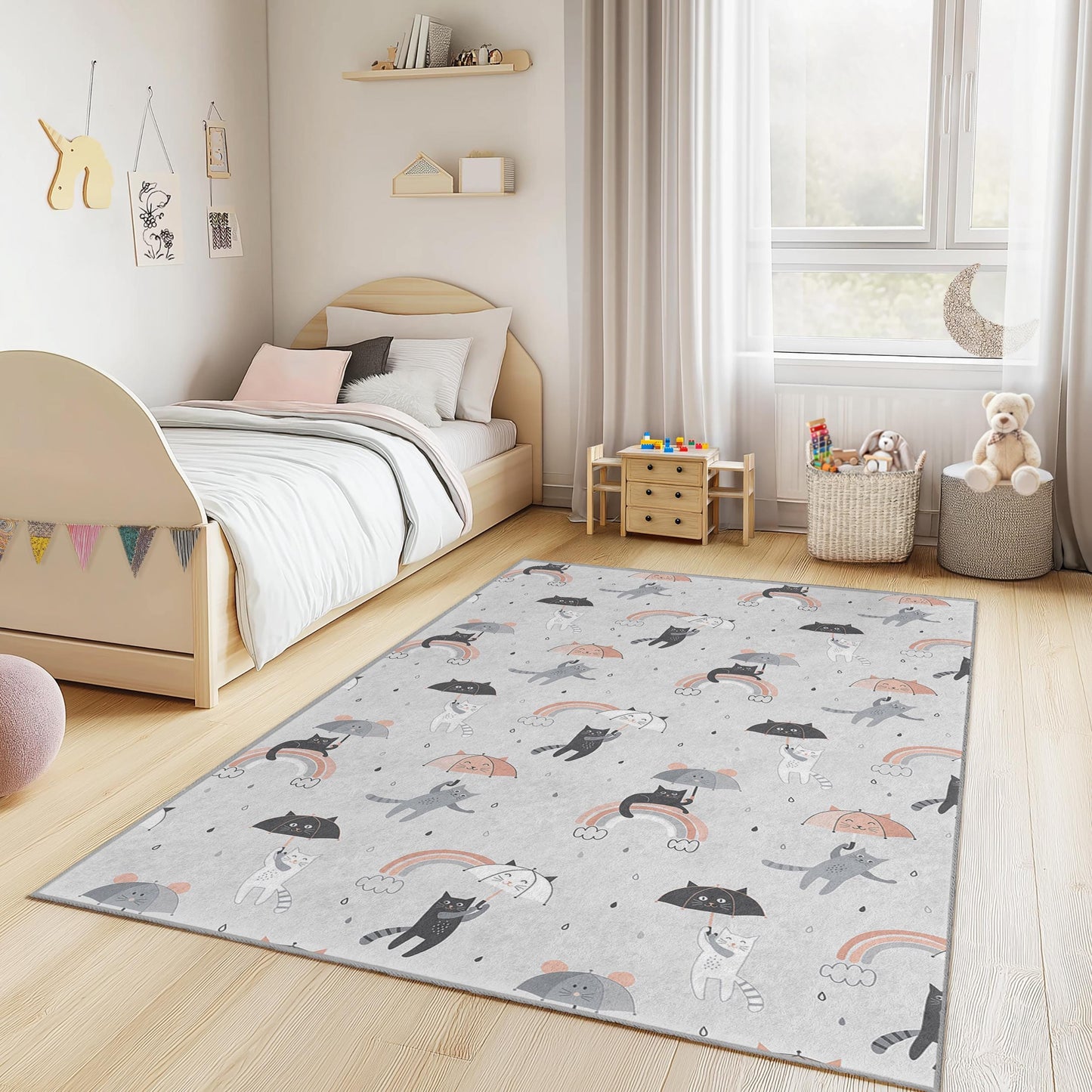 Spielteppich mit Katzenmotiv (Regenbogen), niedlicher Kinderteppich mit Katzenmuster, rechteckiger Kinderteppich, Spielzimmerdekoration, weicher Kinderzimmerteppich