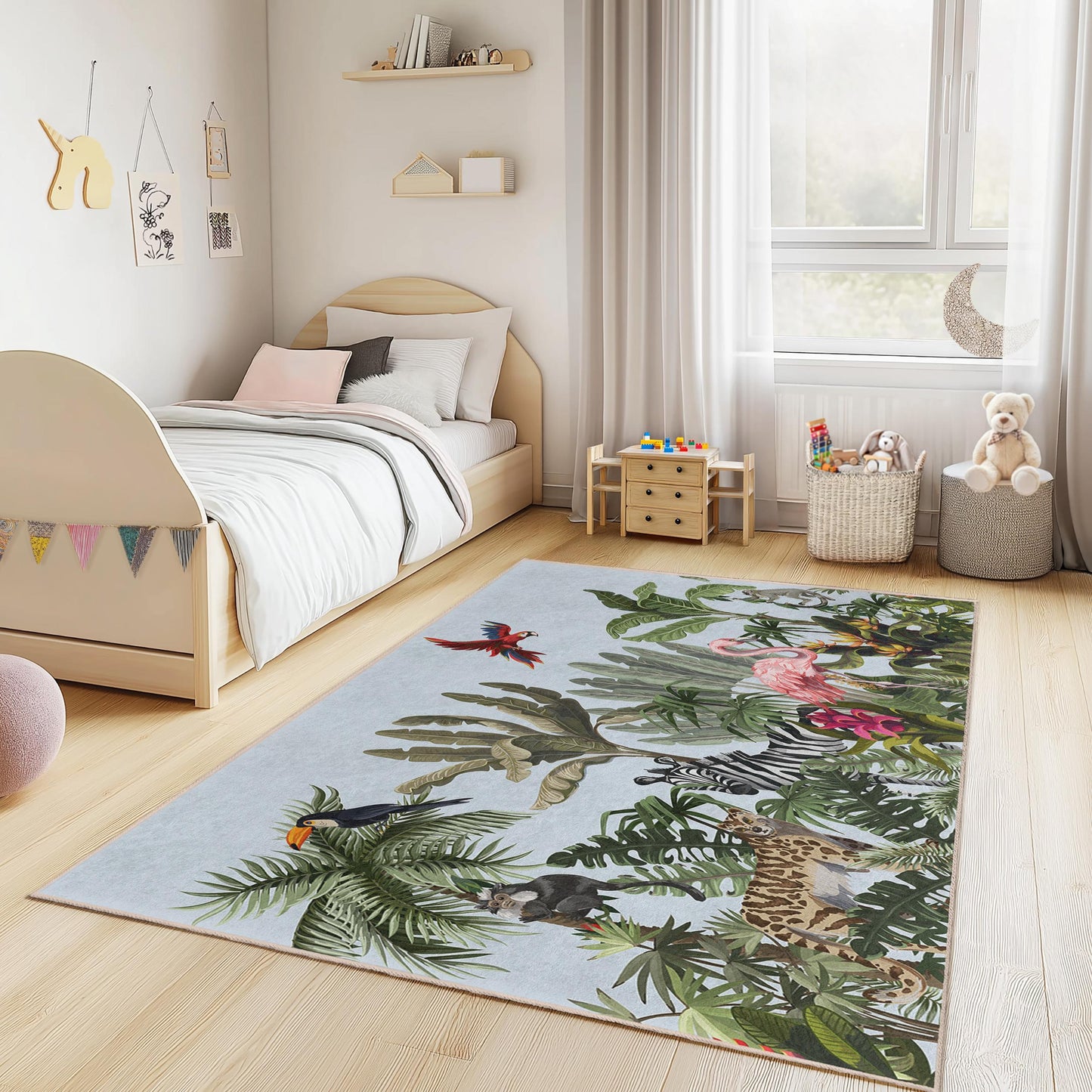 Tropisches Paradies-Kinderteppich, Dschungeltier-Spielmatte, rechteckiger Kinderzimmerteppich, farbenfrohe Dschungeldeko, lustiger Kinderteppich