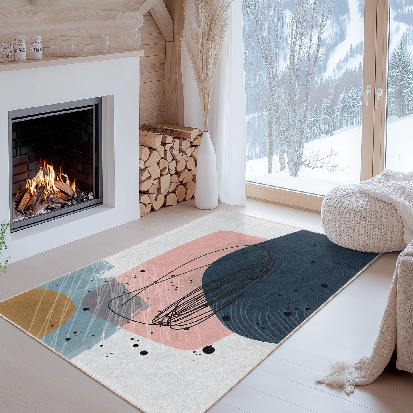 Rechteckiger Teppich mit abstrakten Formen | Moderner Wohnzimmerteppich | Schicke Wohndekoration | Stilvolle Matte mit geometrischem Design
