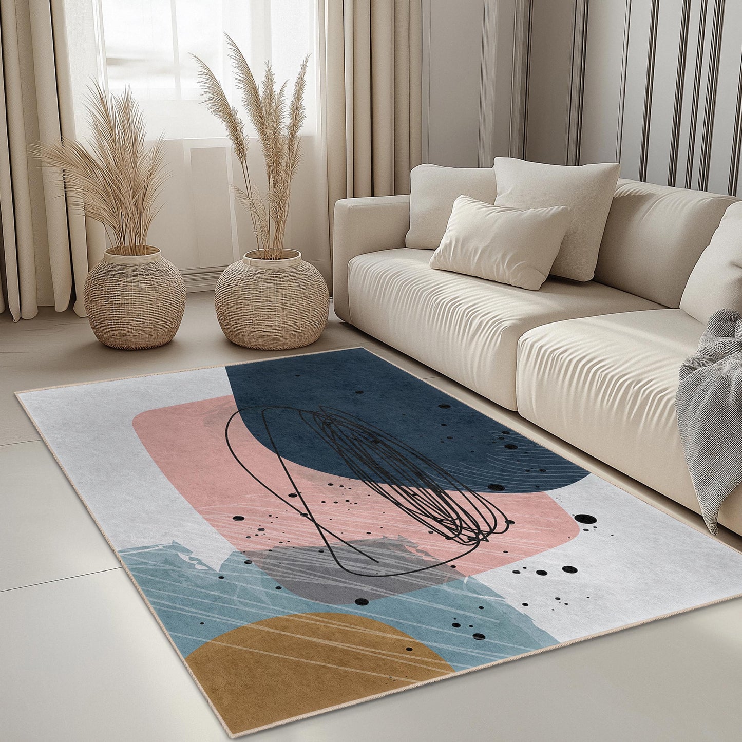 Rechteckiger Teppich mit abstrakten Formen | Moderner Wohnzimmerteppich | Schicke Wohndekoration | Stilvolle Matte mit geometrischem Design