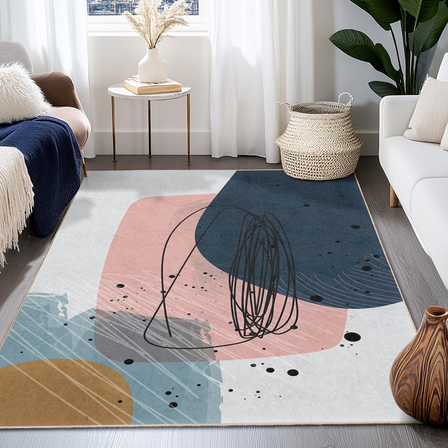 Rechteckiger Teppich mit abstrakten Formen | Moderner Wohnzimmerteppich | Schicke Wohndekoration | Stilvolle Matte mit geometrischem Design