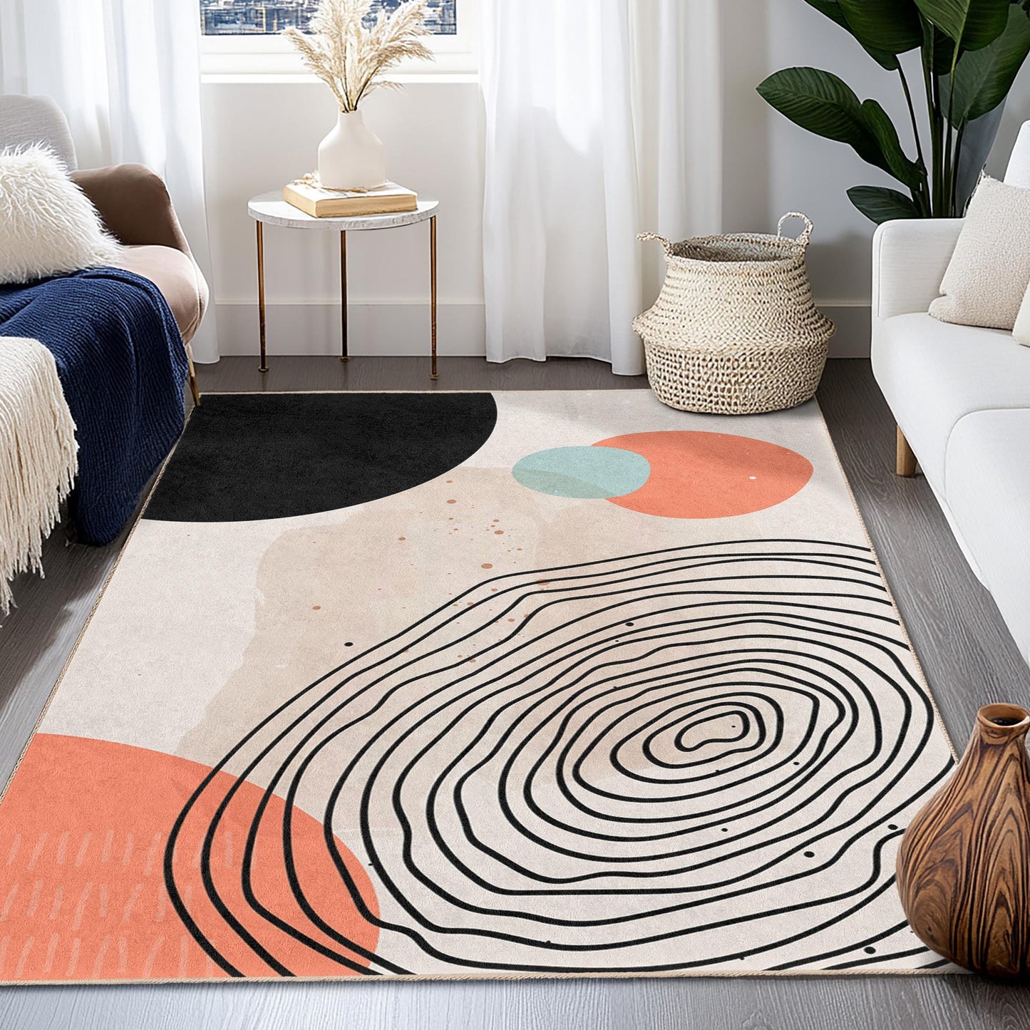 Pflegeleichte Dekomatte | Rechteckiger Teppich mit abstraktem geometrischem Muster | Moderner Wohnzimmerteppich | Weicher Baumwoll-Bodenbelag