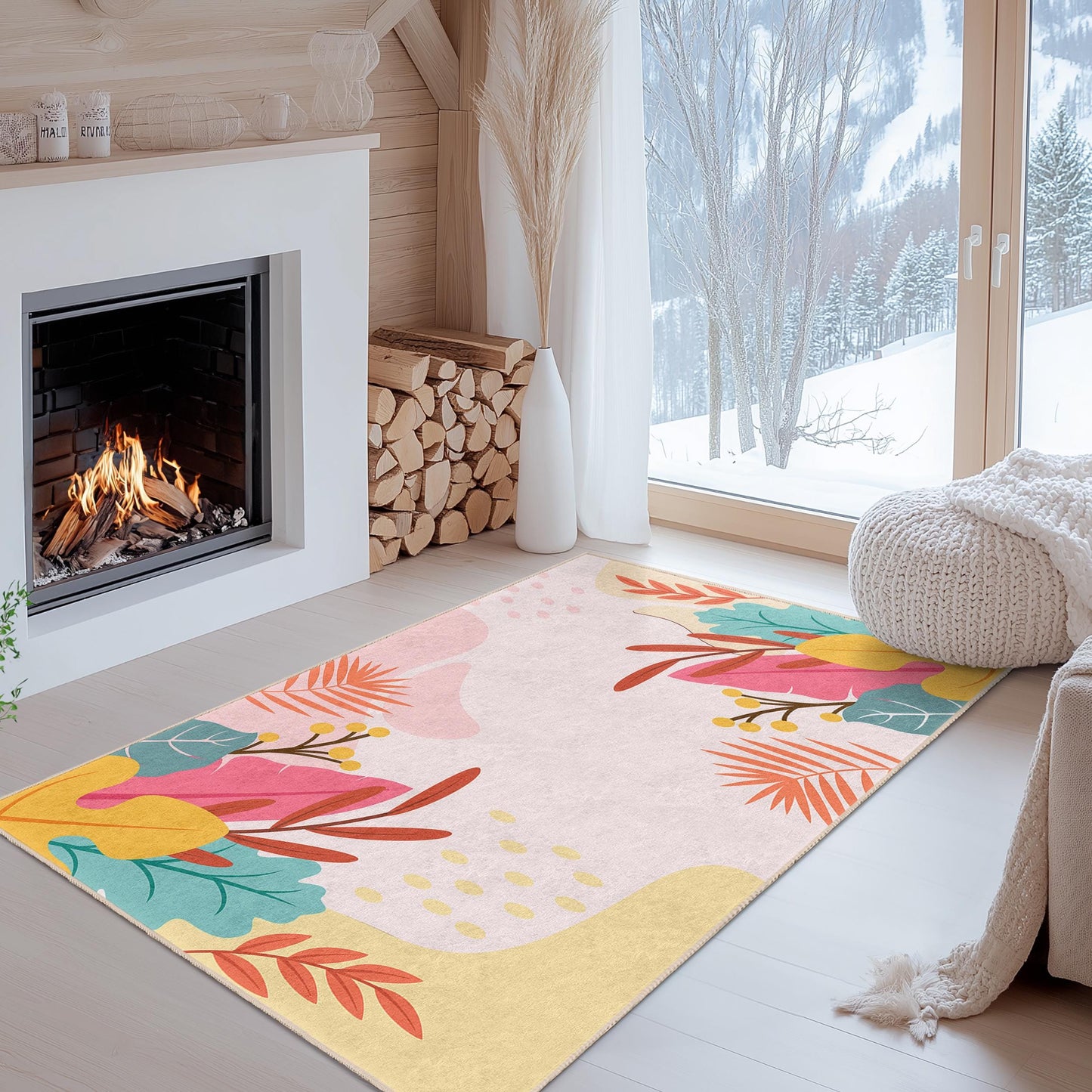 Rechteckiger Teppich mit Blattmuster | Pflegeleichter Wohnzimmerteppich | Florales Design für die Heimdekoration | Stilvolle Matte mit Blattdruck
