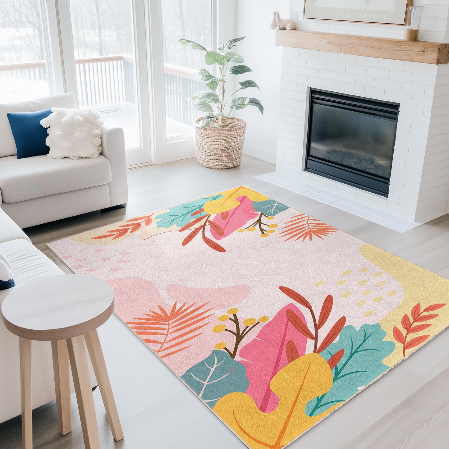 Rechteckiger Teppich mit Blattmuster | Pflegeleichter Wohnzimmerteppich | Florales Design für die Heimdekoration | Stilvolle Matte mit Blattdruck
