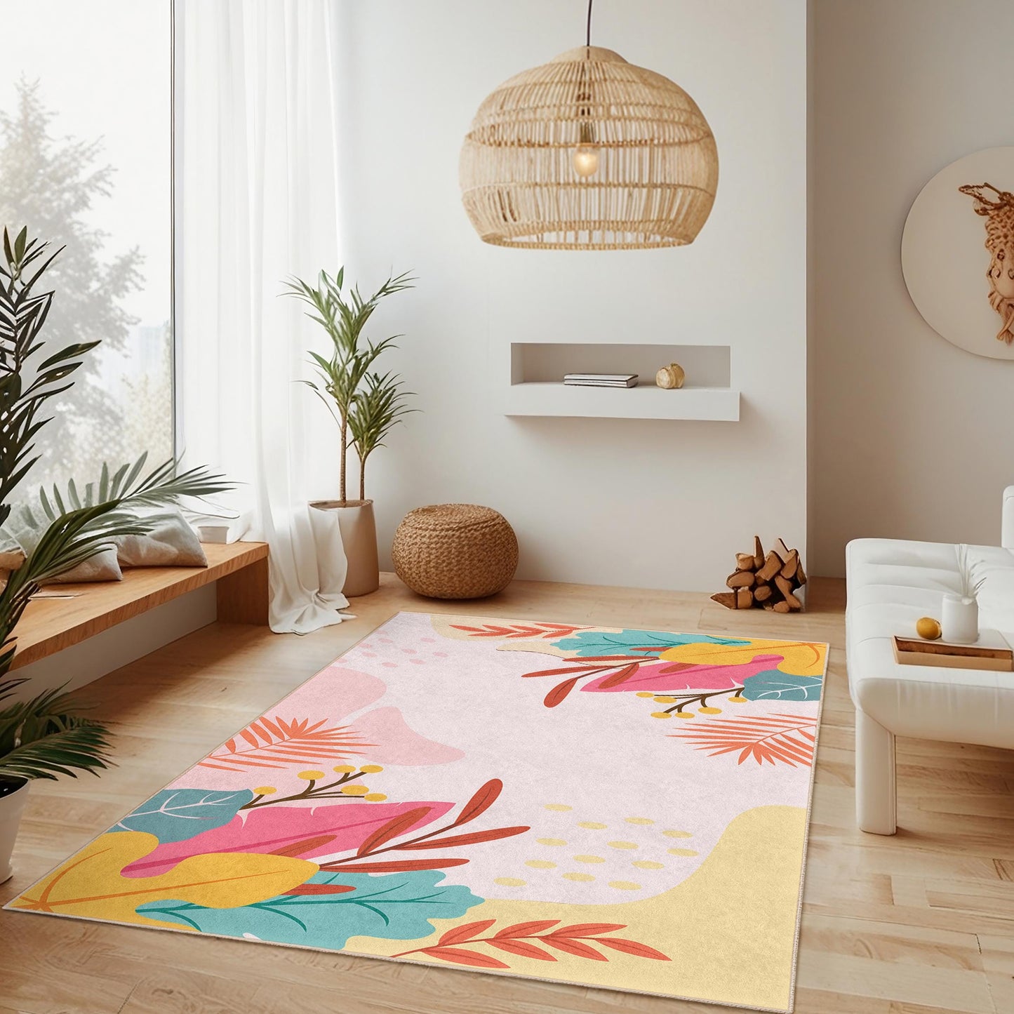 Rechteckiger Teppich mit Blattmuster | Pflegeleichter Wohnzimmerteppich | Florales Design für die Heimdekoration | Stilvolle Matte mit Blattdruck