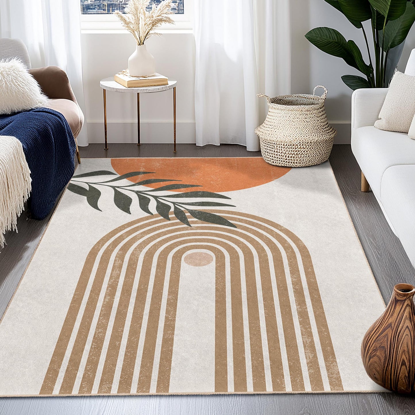 Teppich mit Blattmuster: Moderner Baumwollteppich fürs Wohnzimmer