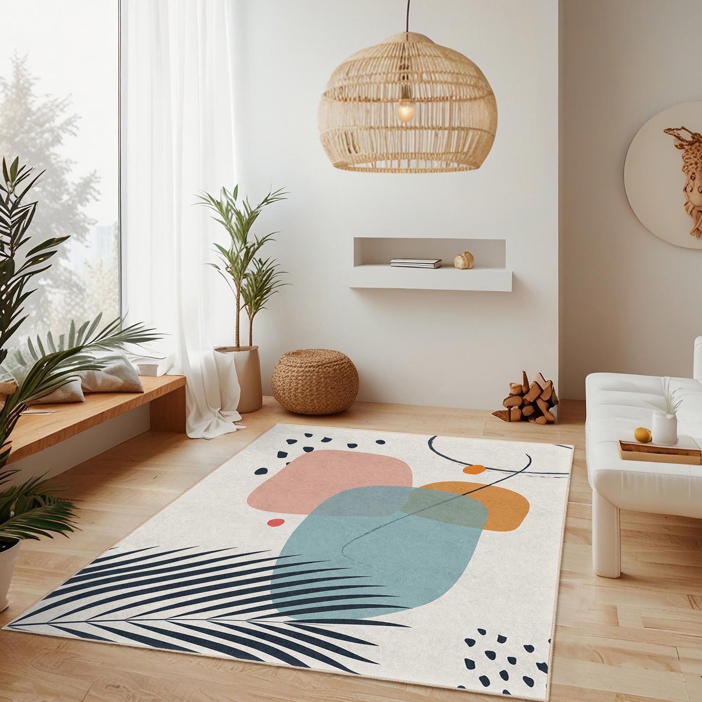 Moderner Wohnzimmerteppich | Rechteckiger Teppich mit abstraktem geometrischem Design | Waschbarer Wohnteppich | Stilvoller, moderner Teppich