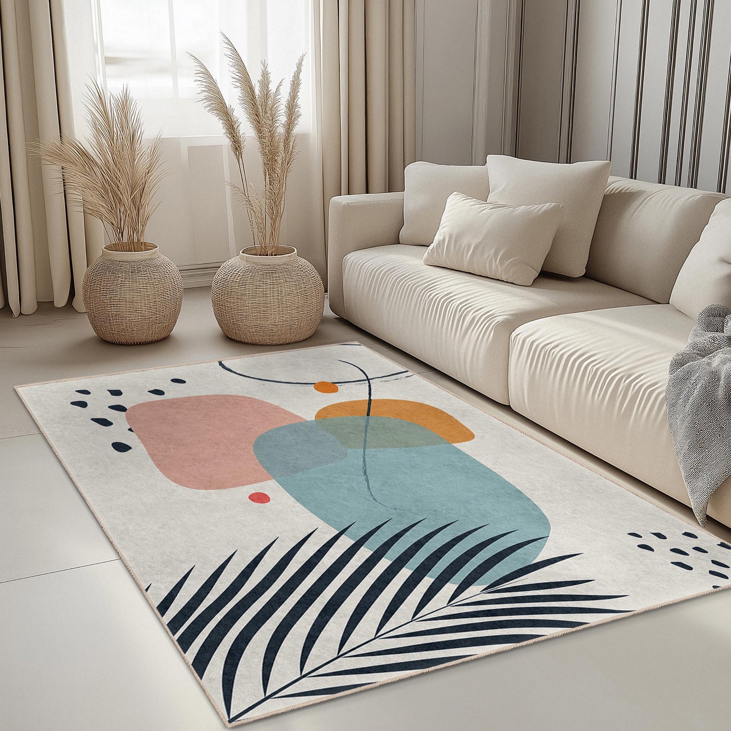 Moderner Wohnzimmerteppich | Rechteckiger Teppich mit abstraktem geometrischem Design | Waschbarer Wohnteppich | Stilvoller, moderner Teppich