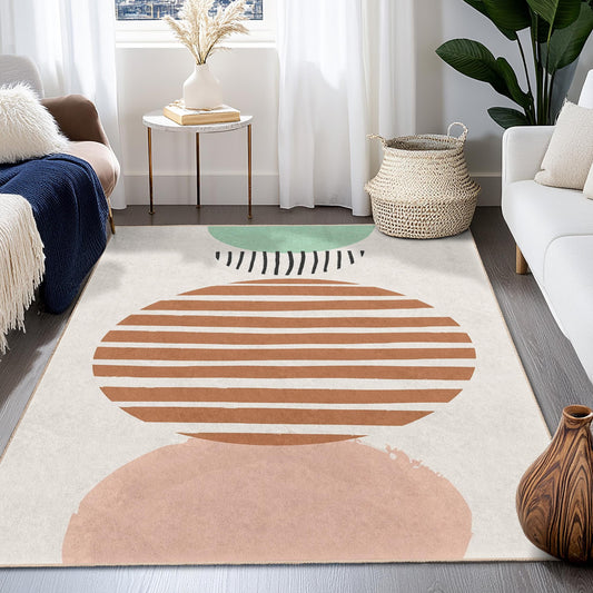 Striped Circle Pattern Rectangle Area Rug | Modern Decorative Carpet for Living Room | Stylish Home Dcor | Soft Cotton Floor Mat