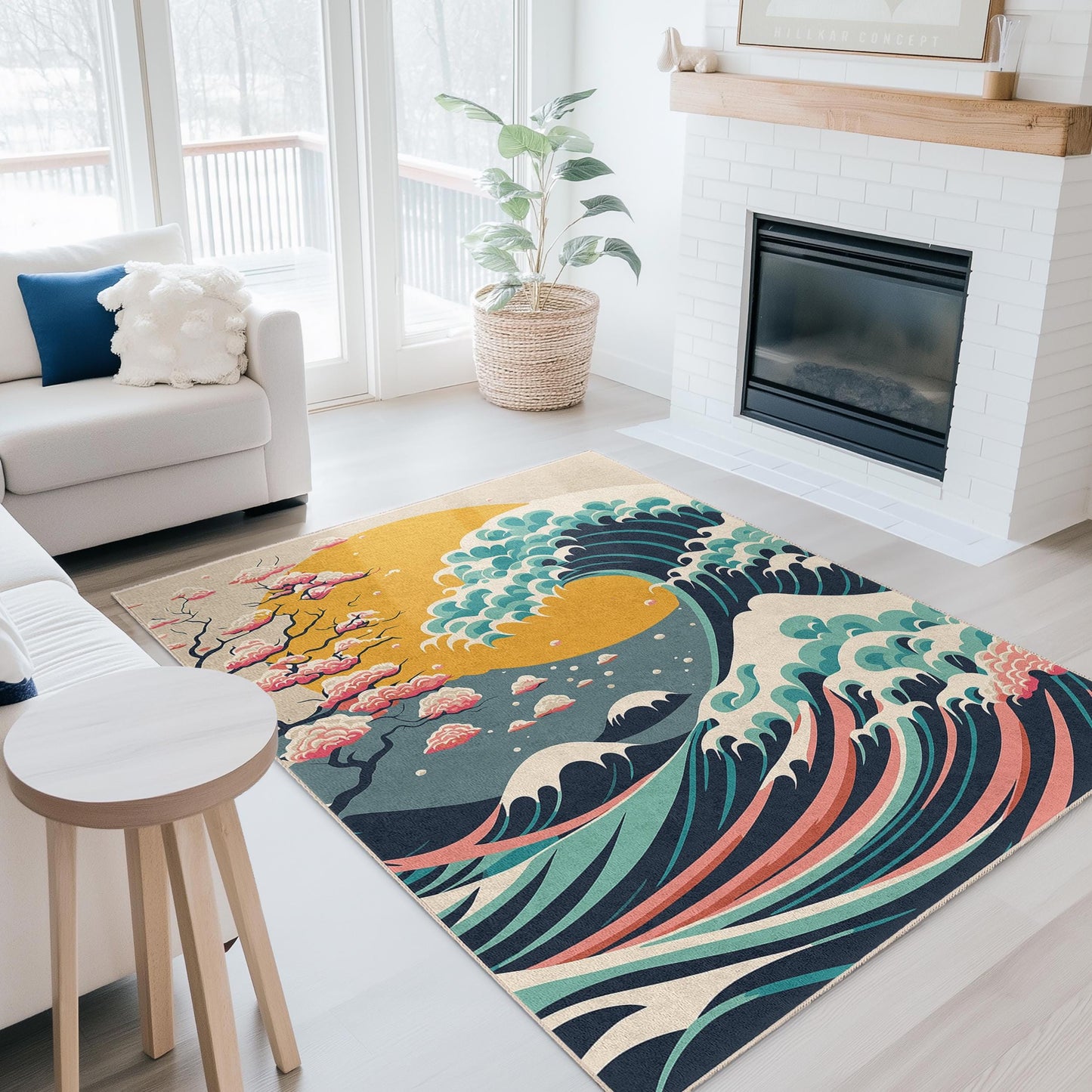 Dekorativer Teppich im Natur-Look | Wellenmuster | Moderner rechteckiger Teppich fürs Wohnzimmer