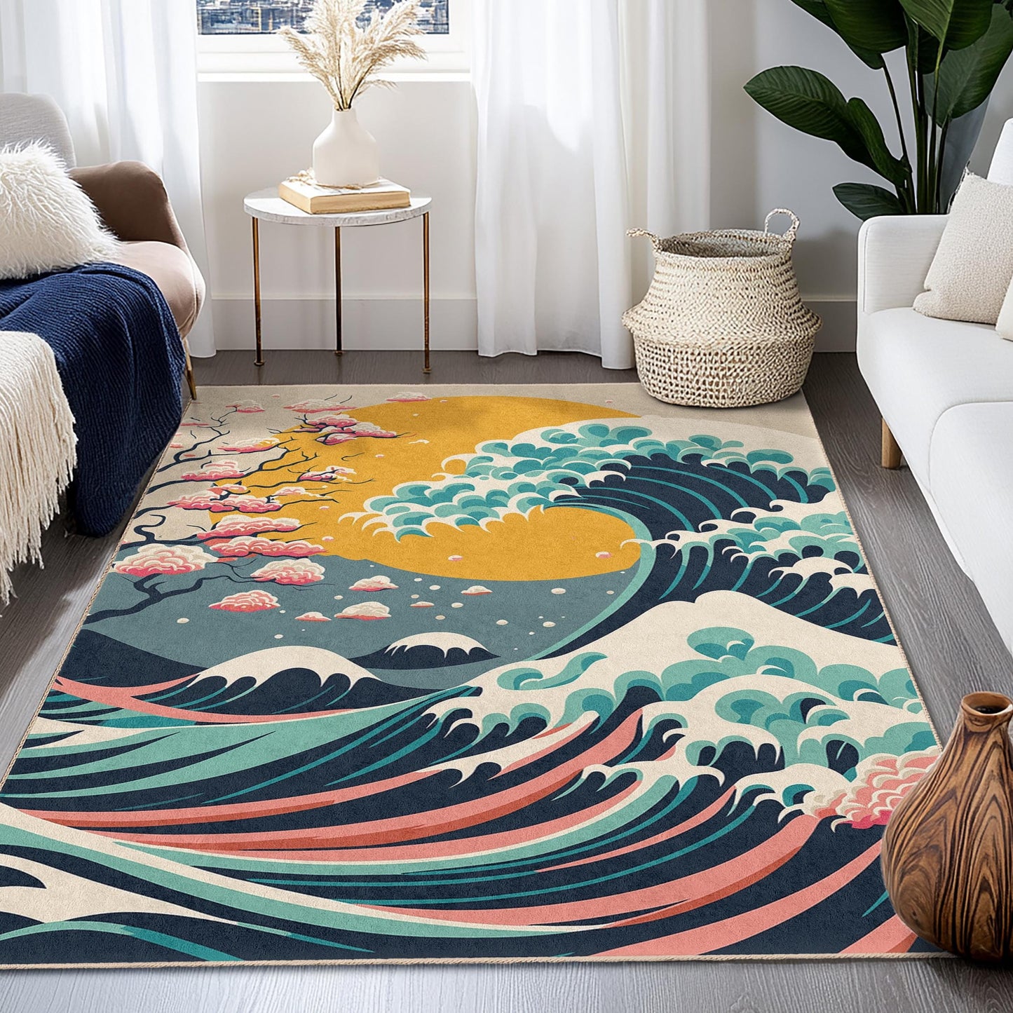 Dekorativer Teppich im Natur-Look | Wellenmuster | Moderner rechteckiger Teppich fürs Wohnzimmer