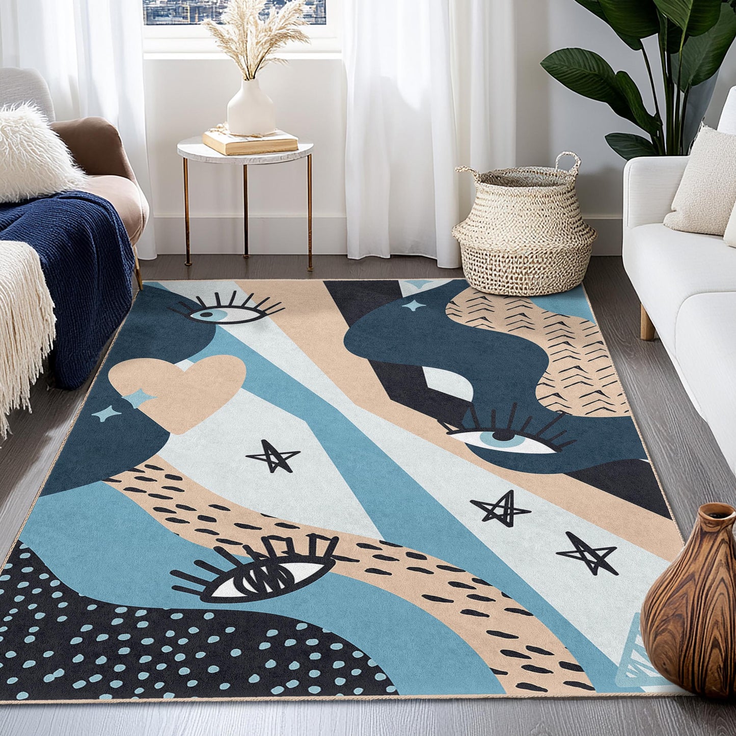 Rechteckiger Teppich mit abstraktem Augenmuster | Moderner Wohnzimmerteppich | Weiche Baumwollmatte | Stilvolle Wohnaccessoires