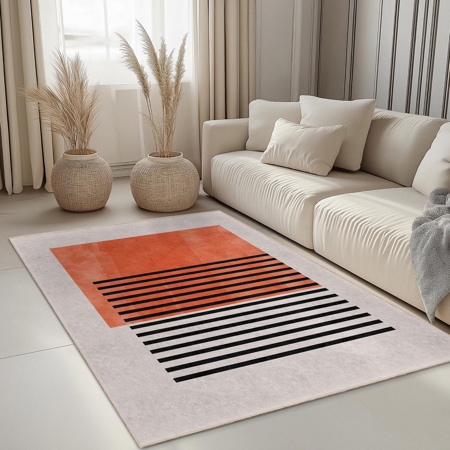 Abstrakter rechteckiger Teppich in Orange und Schwarz | Moderner Dekoteppich fürs Wohnzimmer | Stilvolle Wohnaccessoires