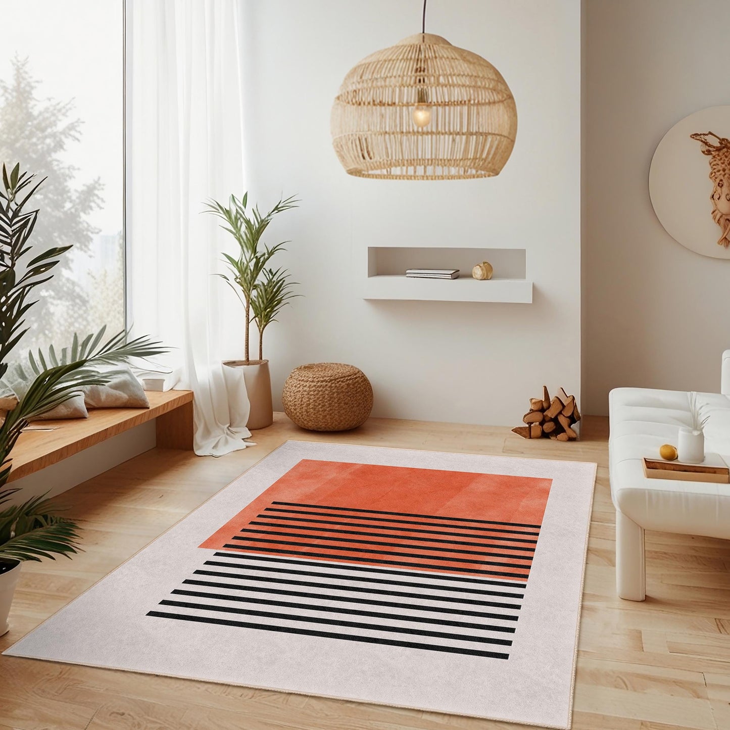 Abstrakter rechteckiger Teppich in Orange und Schwarz | Moderner Dekoteppich fürs Wohnzimmer | Stilvolle Wohnaccessoires