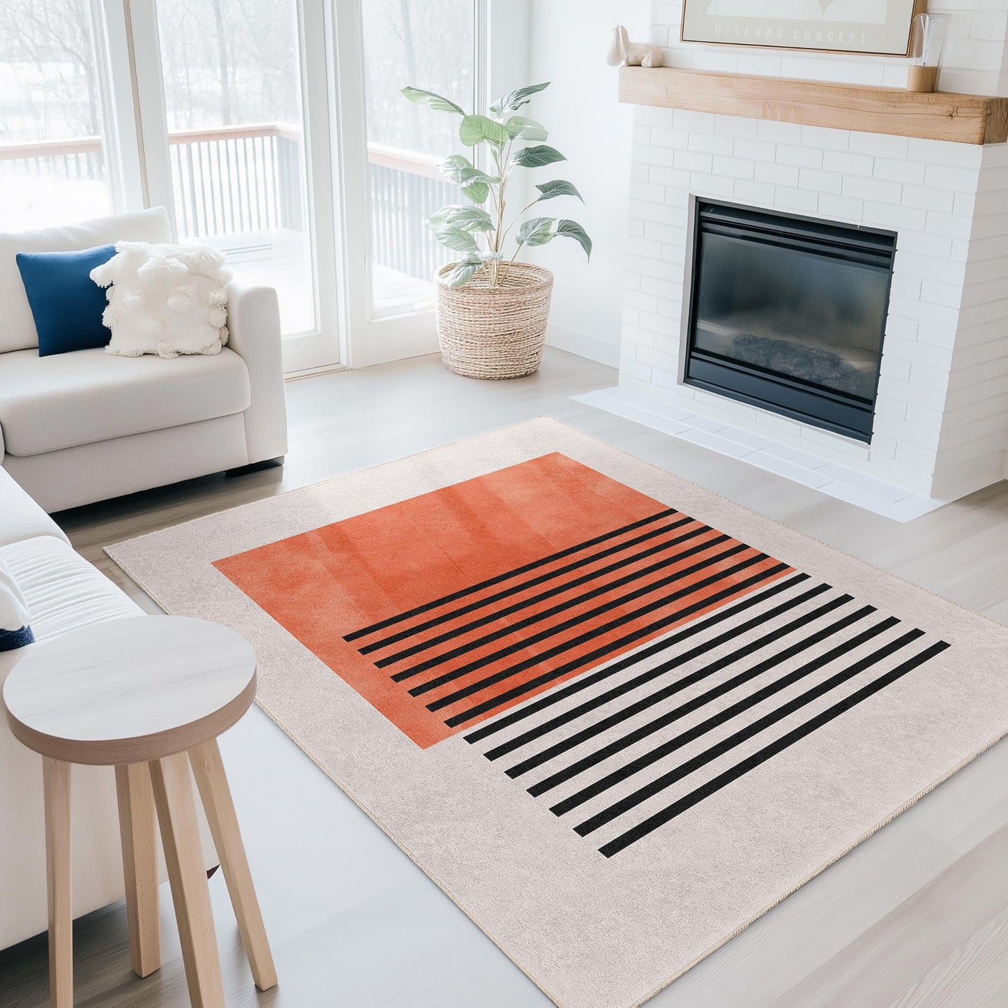Abstrakter rechteckiger Teppich in Orange und Schwarz | Moderner Dekoteppich fürs Wohnzimmer | Stilvolle Wohnaccessoires