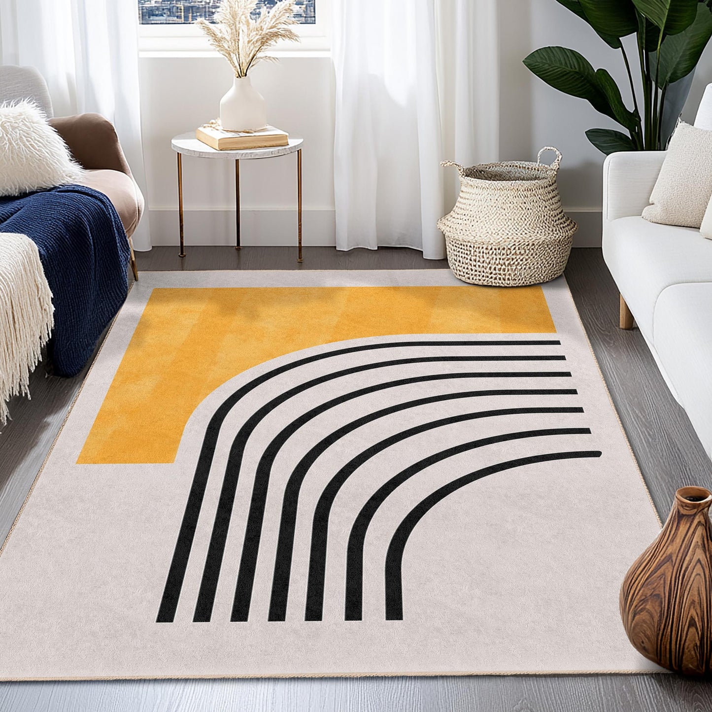 Gelb gestreifter, rechteckiger Dekoteppich | Moderner Wohnzimmerteppich | Stilvolle Wohnaccessoires | Trendiger Akzentteppich