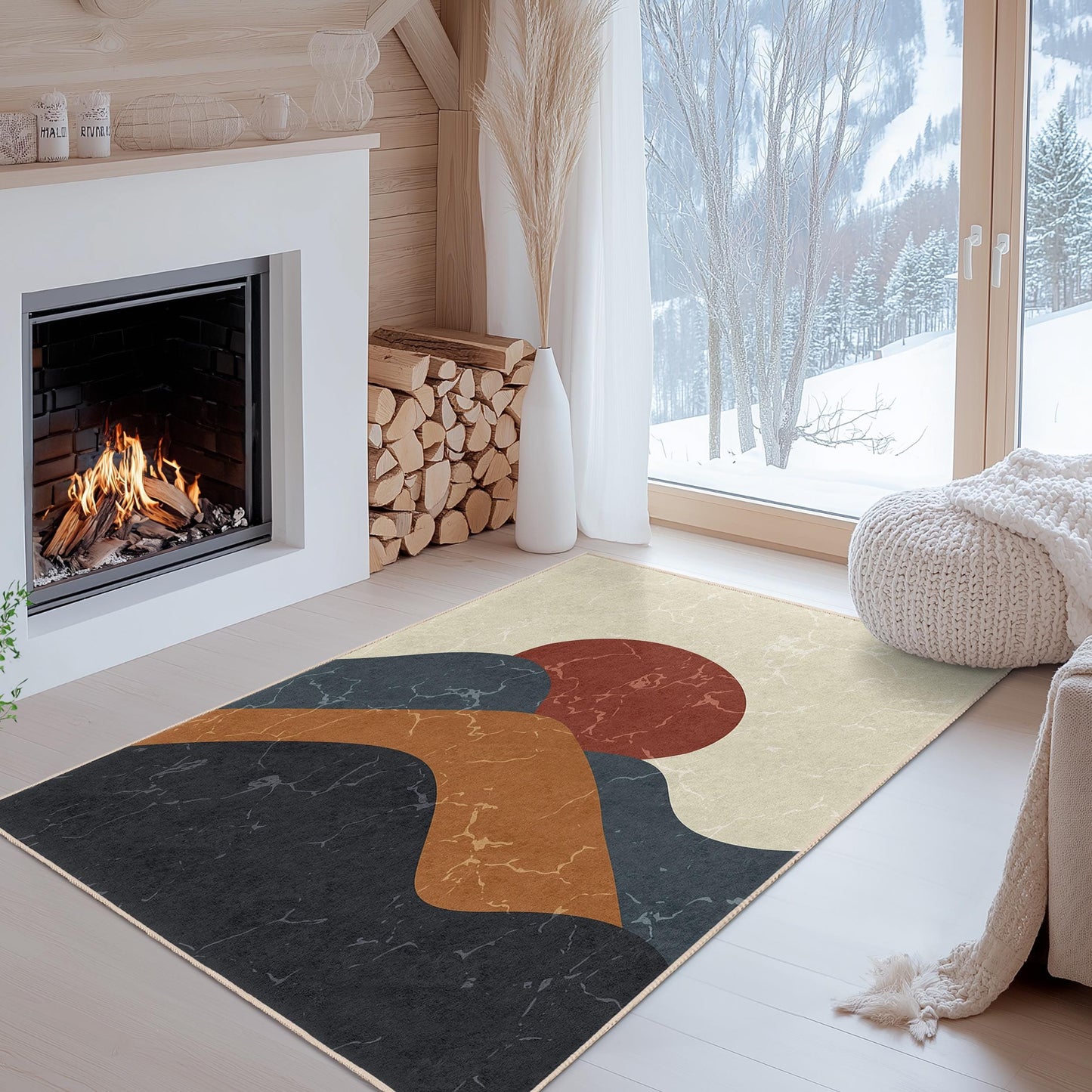 Rechteckiger Teppich mit abstraktem Bergmotiv | Moderner Wohnteppich | Dekorativer Teppich fürs Wohnzimmer | Stilvoller Bodenbelag
