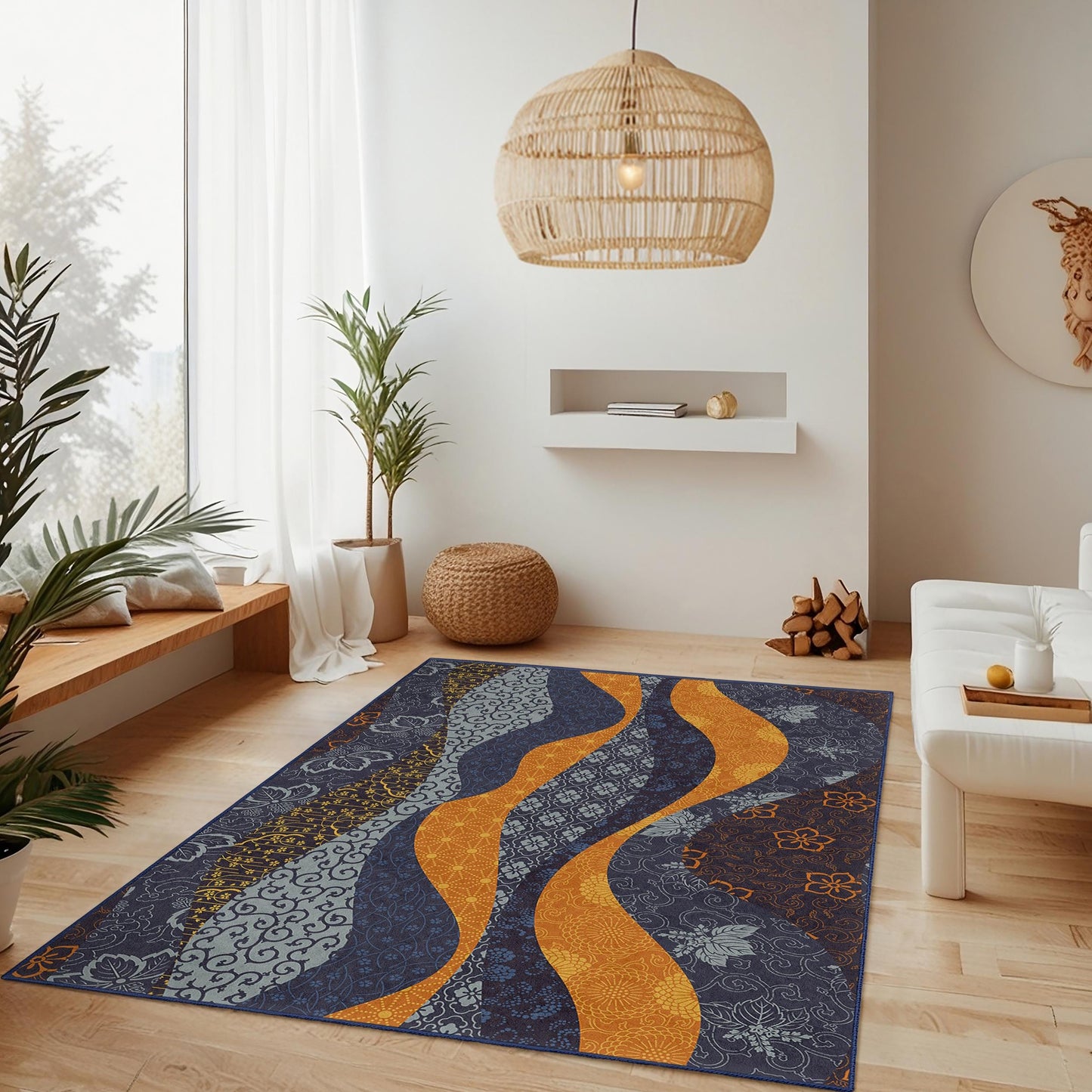 Rechteckiger Teppich mit Wellenmuster | Moderner Wohnzimmerteppich | Weiche Baumwollmatte | Stilvolle Wohnaccessoires