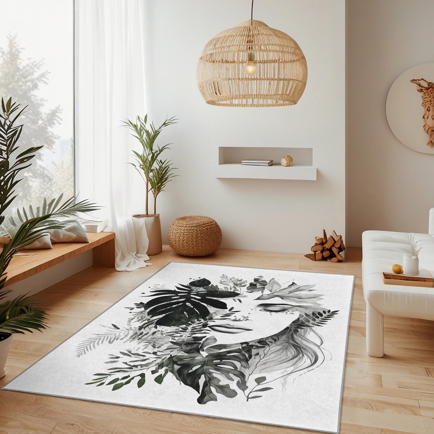 Eleganter rechteckiger Teppich mit botanischem Gesichtsmuster | Moderne Wohnzimmerdekoration | Stilvoller bedruckter Teppich | Einzigartiges Wohnaccessoire