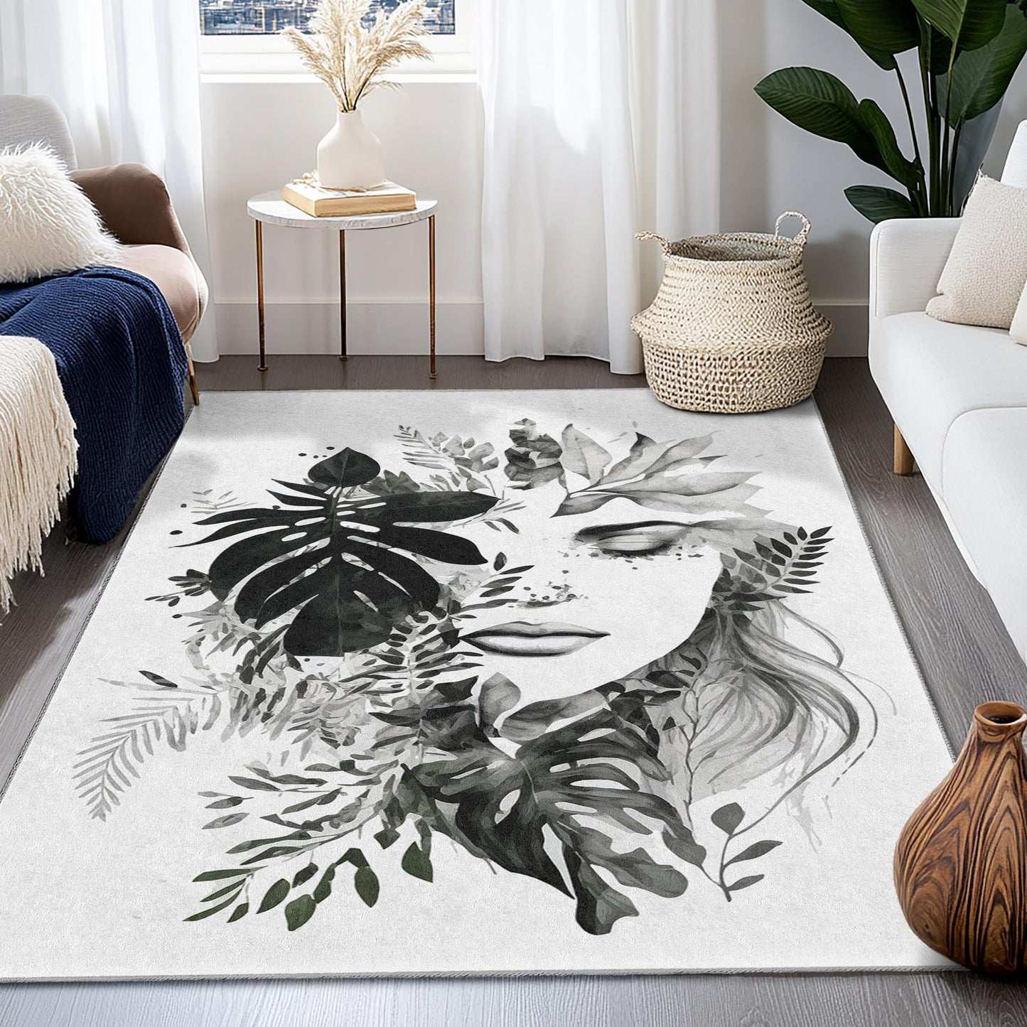 Eleganter rechteckiger Teppich mit botanischem Gesichtsmuster | Moderne Wohnzimmerdekoration | Stilvoller bedruckter Teppich | Einzigartiges Wohnaccessoire