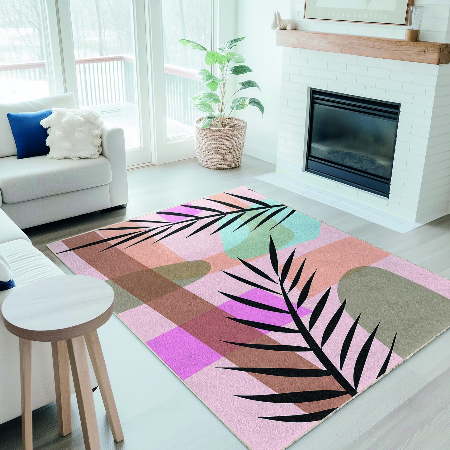 Rechteckiger Teppich mit abstraktem Palmenblattmuster | Moderner Wohnteppich | Elegante Wohnzimmermatte | Stilvoller Dekoteppich