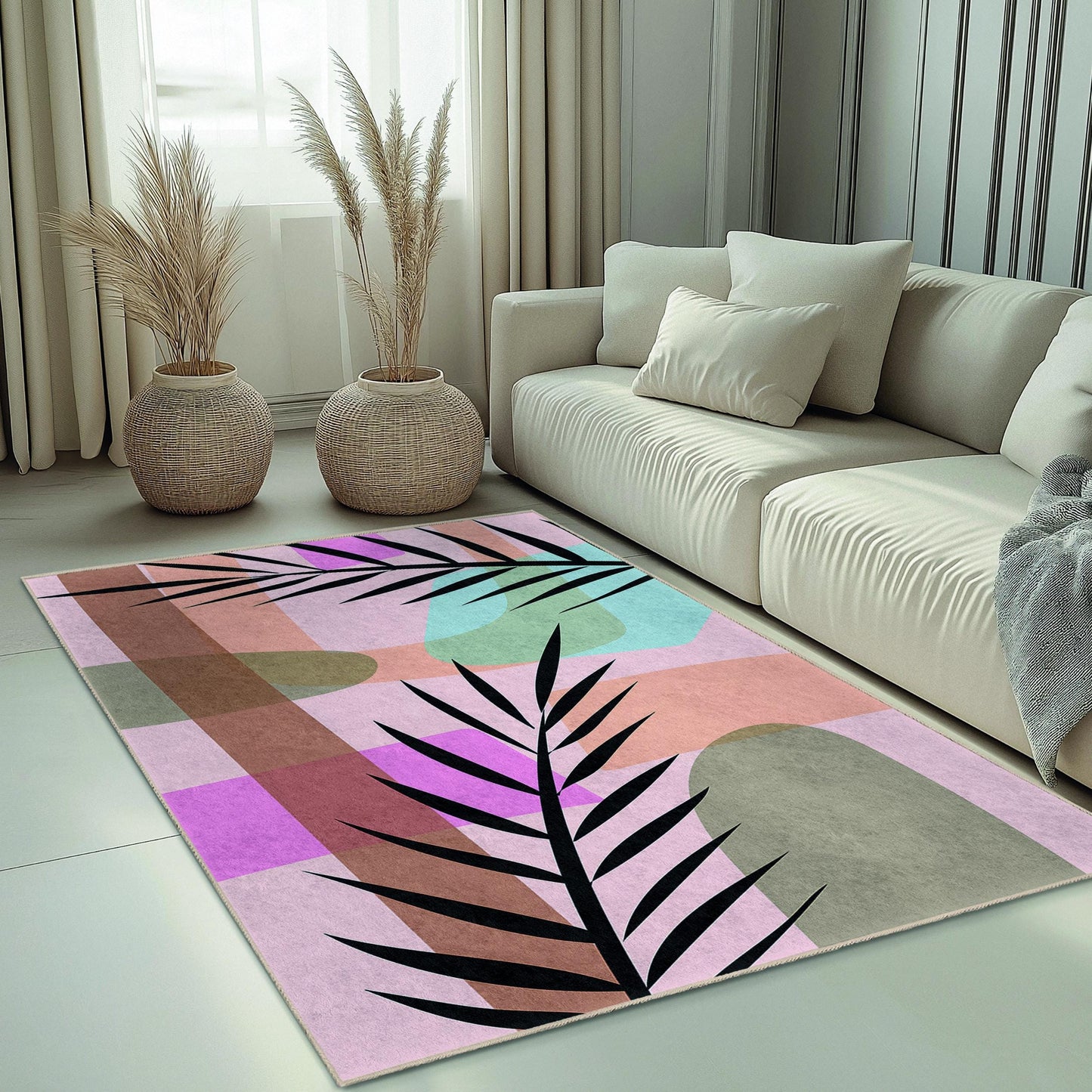 Rechteckiger Teppich mit abstraktem Palmenblattmuster | Moderner Wohnteppich | Elegante Wohnzimmermatte | Stilvoller Dekoteppich