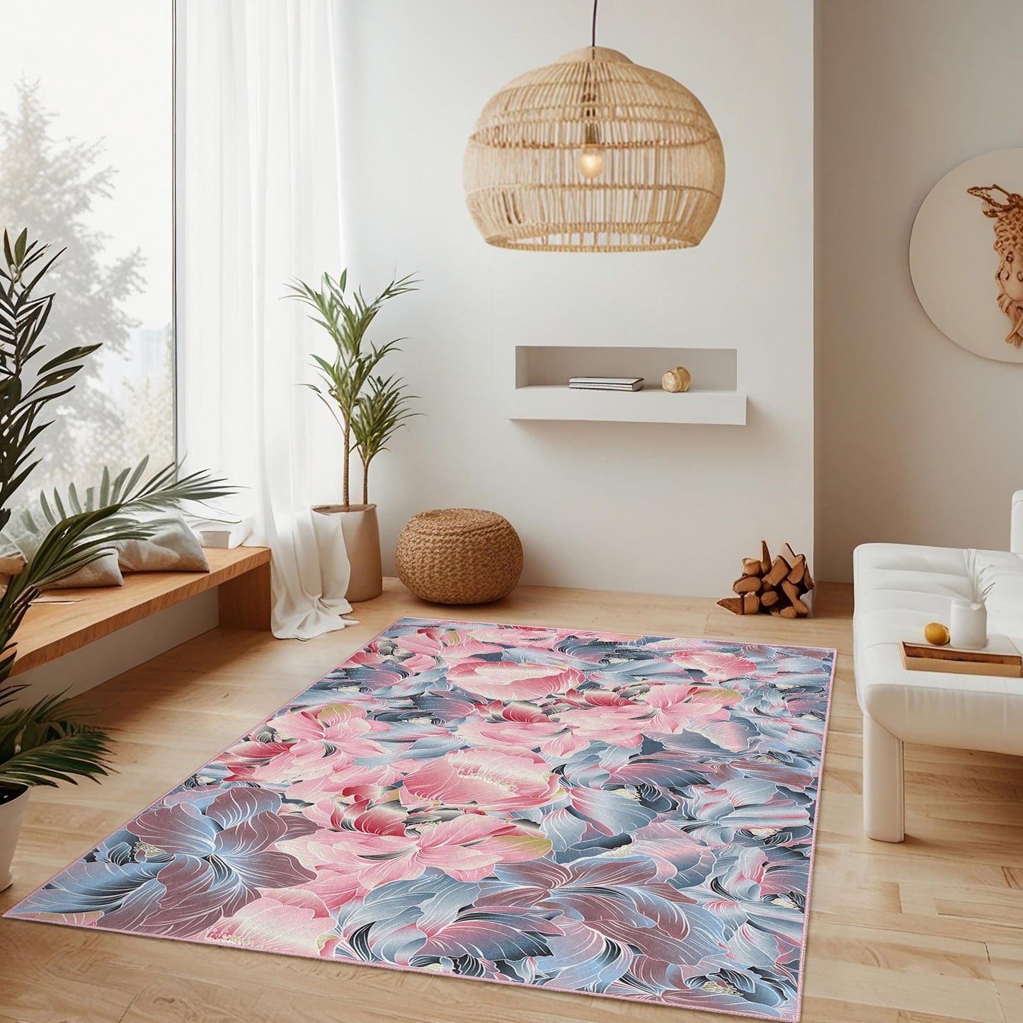 Rechteckiger Teppich mit floralem Muster | Eleganter Wohnzimmerteppich | Weiche Dekomatte aus Baumwolle | Teppich mit lebendigem Blumenmuster