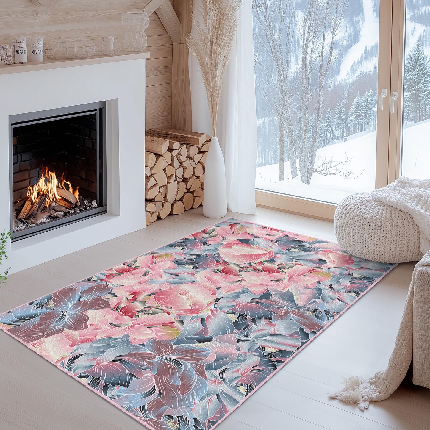 Rechteckiger Teppich mit floralem Muster | Eleganter Wohnzimmerteppich | Weiche Dekomatte aus Baumwolle | Teppich mit lebendigem Blumenmuster