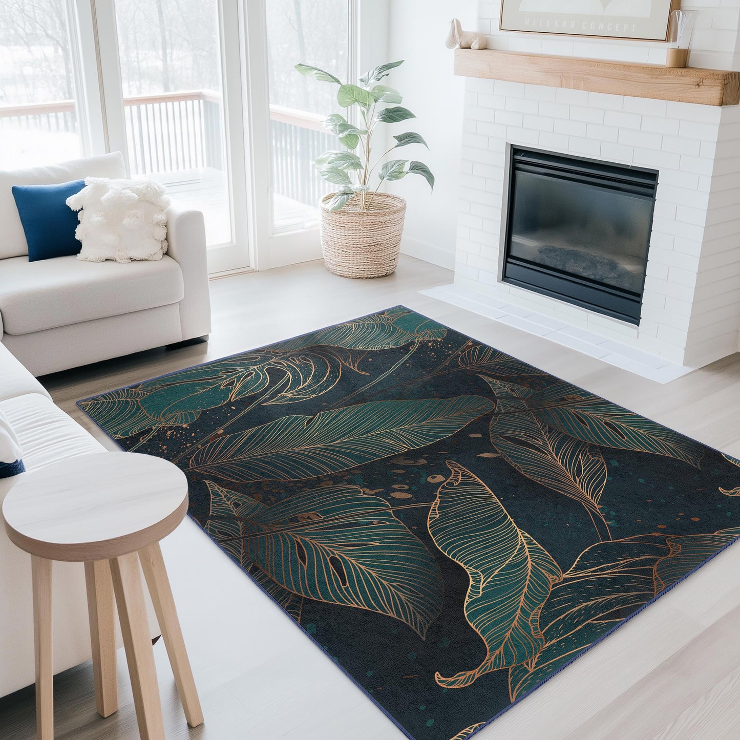 Eleganter rechteckiger Teppich mit Blattmuster | Moderne Wohnzimmergestaltung | Weicher Baumwollteppich für Zuhause | Stilvoller Teppich für den Innenbereich