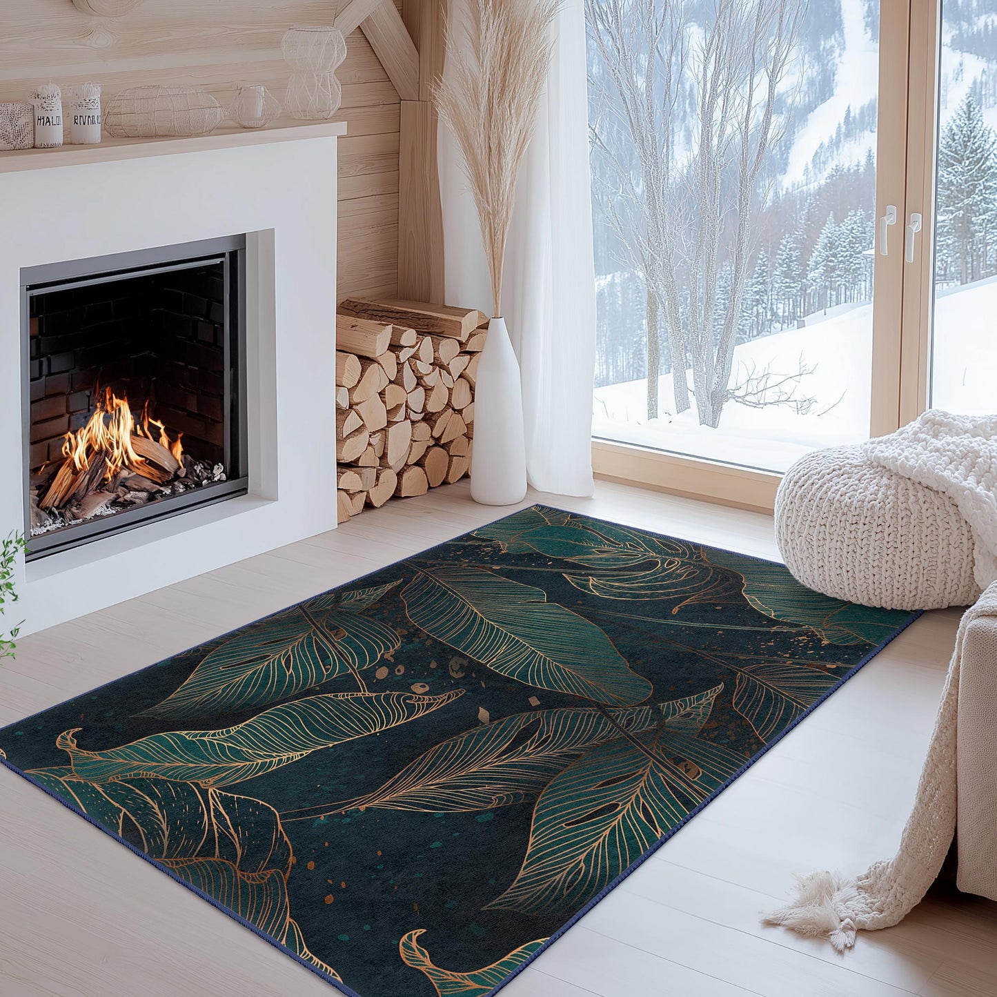 Eleganter rechteckiger Teppich mit Blattmuster | Moderne Wohnzimmergestaltung | Weicher Baumwollteppich für Zuhause | Stilvoller Teppich für den Innenbereich