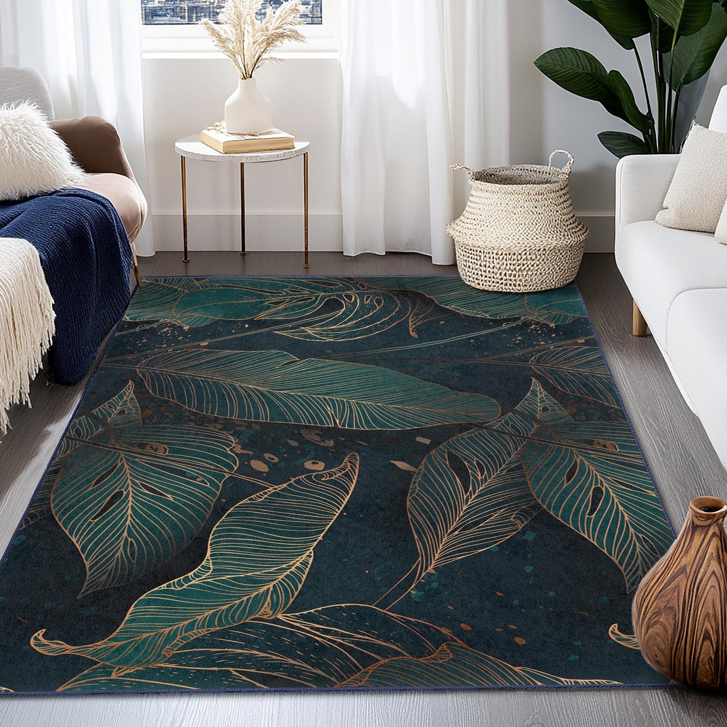 Eleganter rechteckiger Teppich mit Blattmuster | Moderne Wohnzimmergestaltung | Weicher Baumwollteppich für Zuhause | Stilvoller Teppich für den Innenbereich