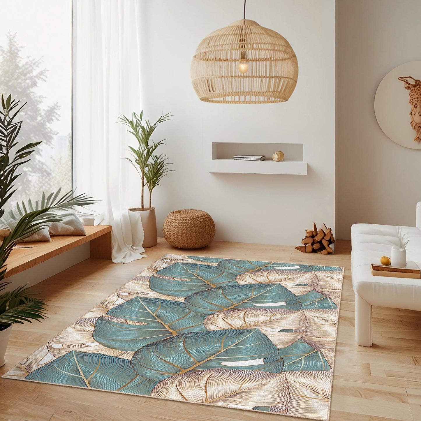 Wohnzimmerteppich im tropischen Stil | Eleganter rechteckiger Teppich mit Blattmuster | Weiche, dekorative Bodenmatte