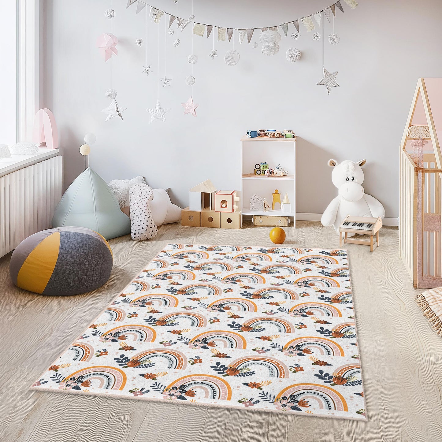 Regenbogenfarbener Blumenteppich für Kinder: Weicher Spielzimmerteppich, Kinderzimmerdekoration