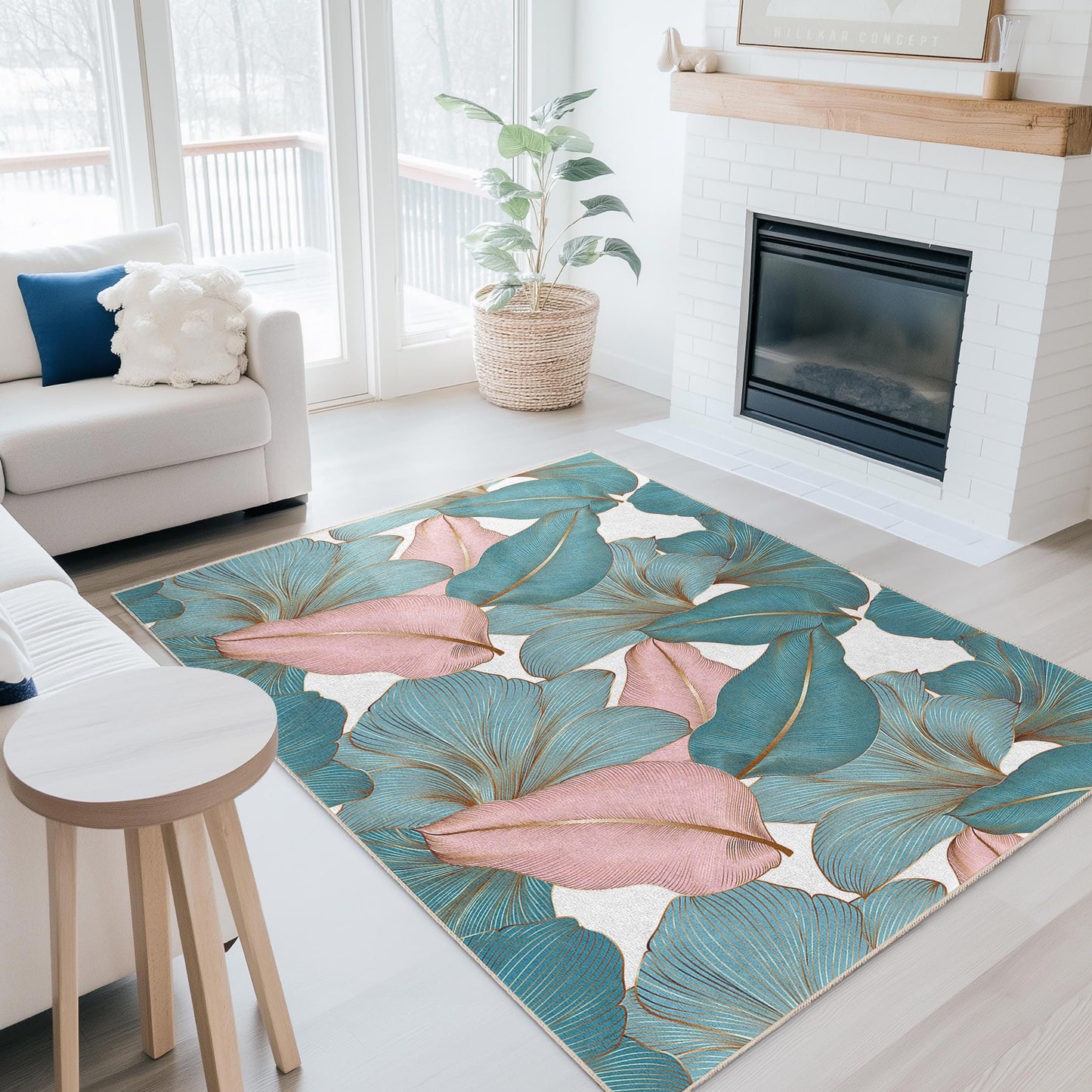 Rechteckiger Teppich mit tropischem Blättermuster | Elegante Wohnzimmerdekoration | Weicher Baumwollteppich für Zuhause | Stilvolle Indoor-Matte