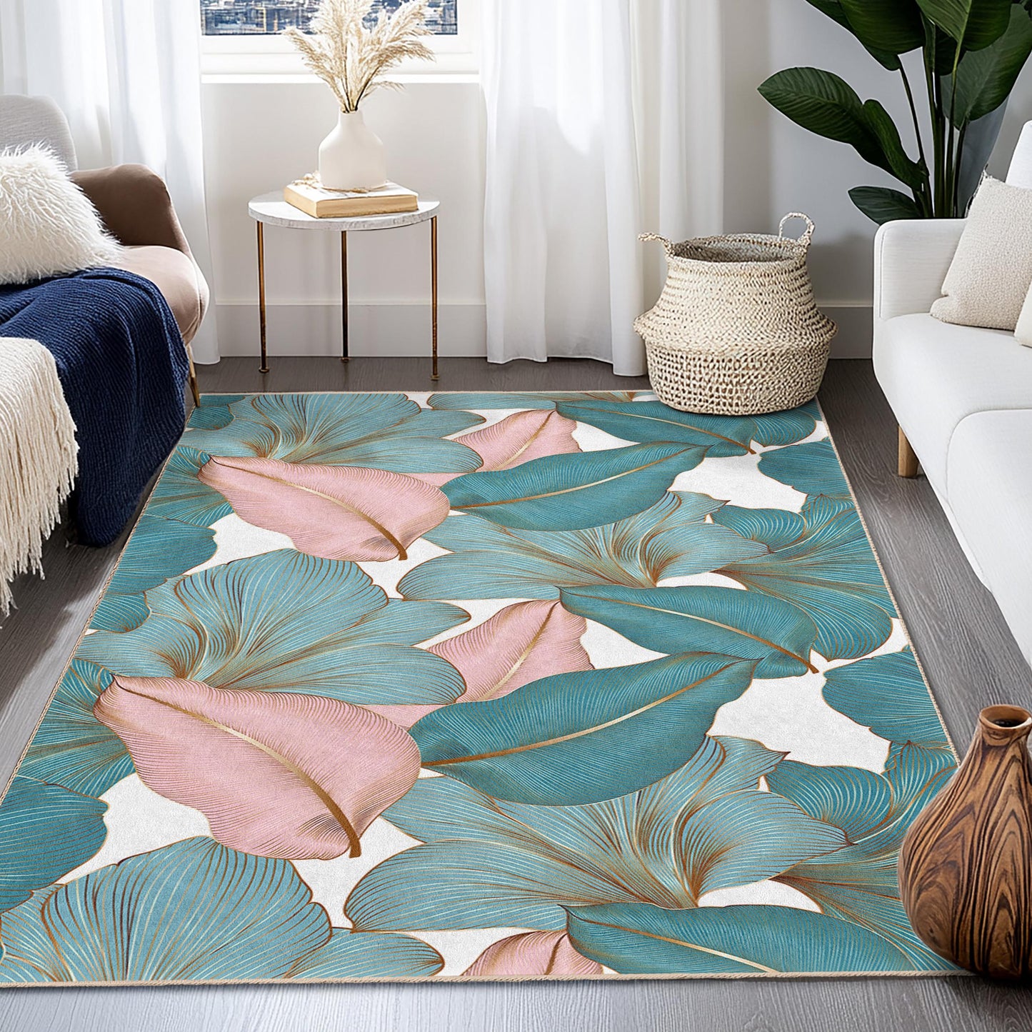 Rechteckiger Teppich mit tropischem Blättermuster | Elegante Wohnzimmerdekoration | Weicher Baumwollteppich für Zuhause | Stilvolle Indoor-Matte