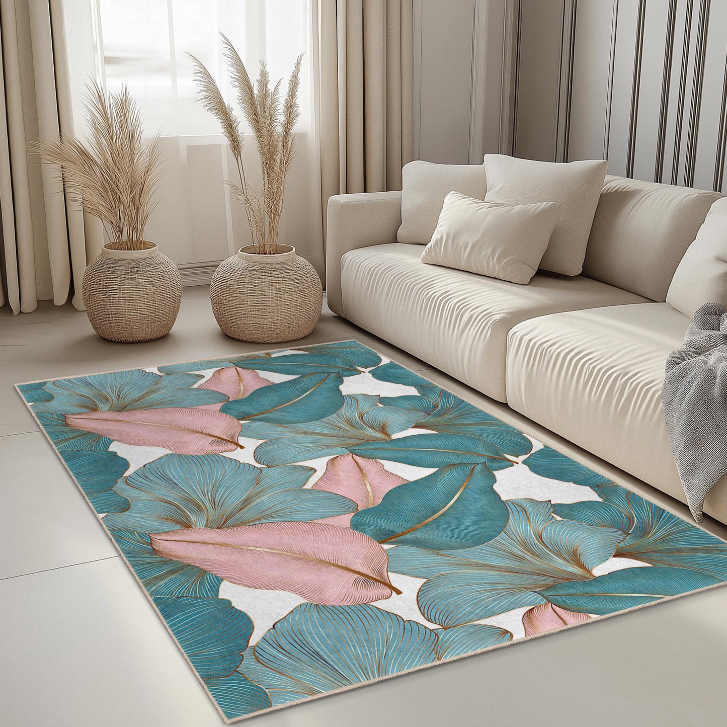 Rechteckiger Teppich mit tropischem Blättermuster | Elegante Wohnzimmerdekoration | Weicher Baumwollteppich für Zuhause | Stilvolle Indoor-Matte