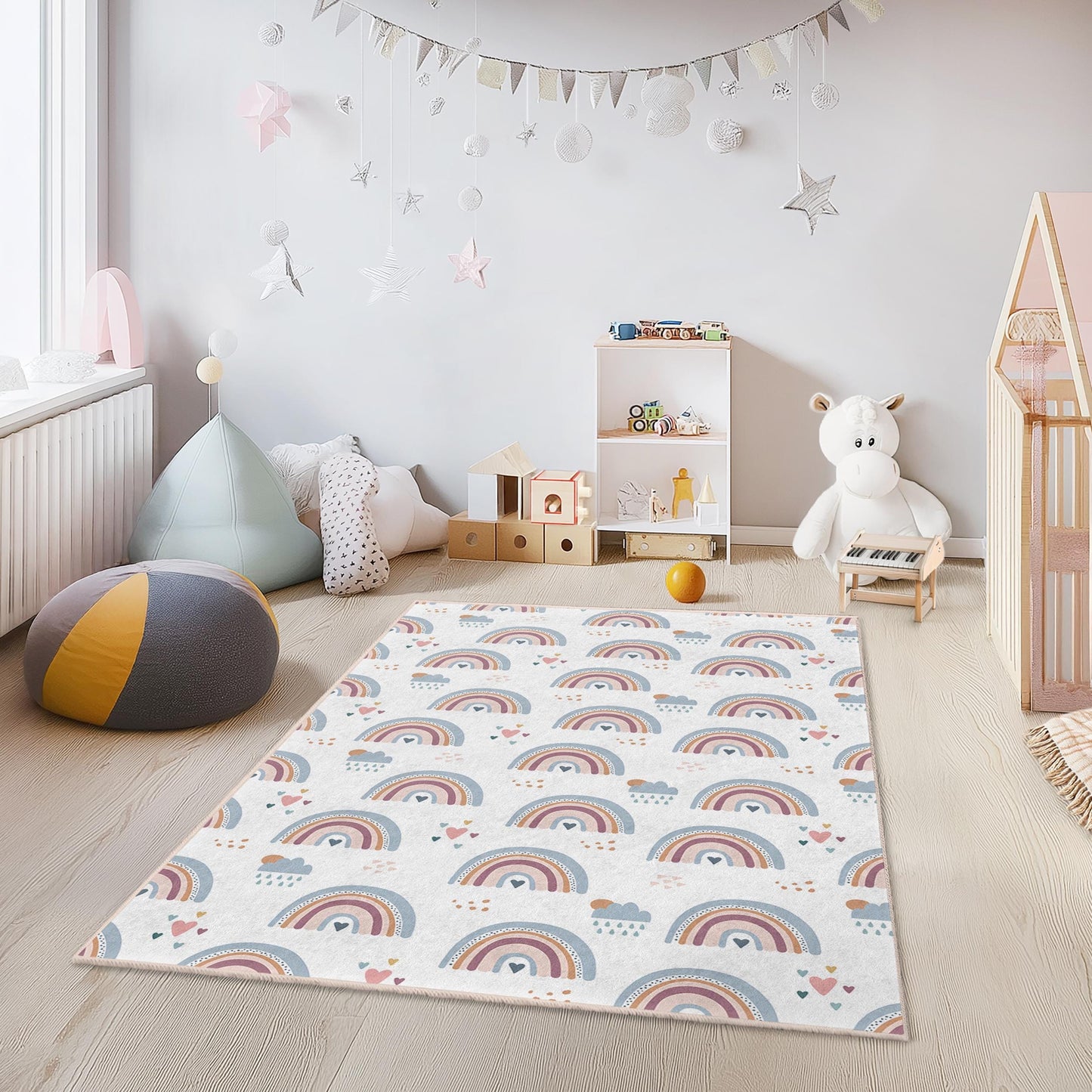 Pastellfarbener Regenbogen-Kinderteppich: Weicher Teppich für Spielzimmer und Kinderzimmer