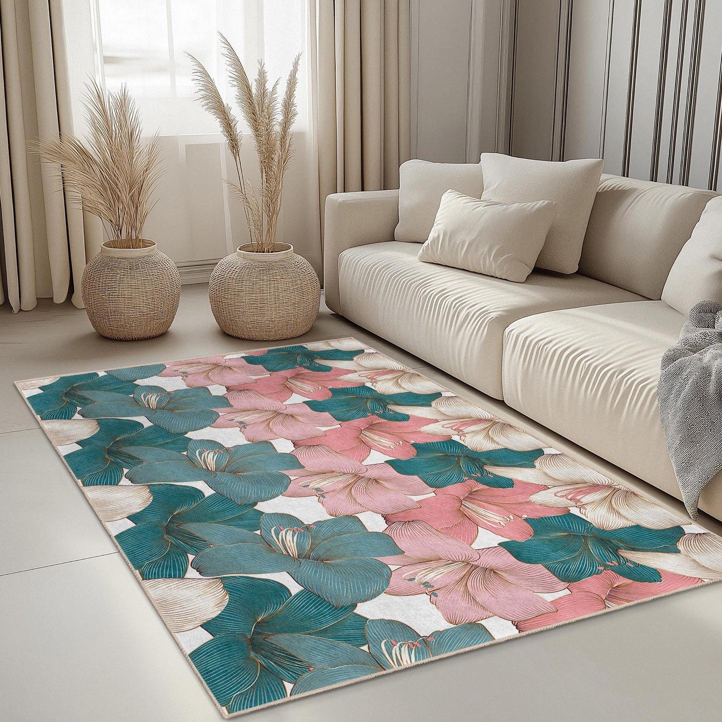 Weicher Baumwollteppich fürs Wohnzimmer | Eleganter rechteckiger Teppich mit Blumenmuster | Dekorativer Teppich für Ihr Zuhause | Lebendiges Blumendesign