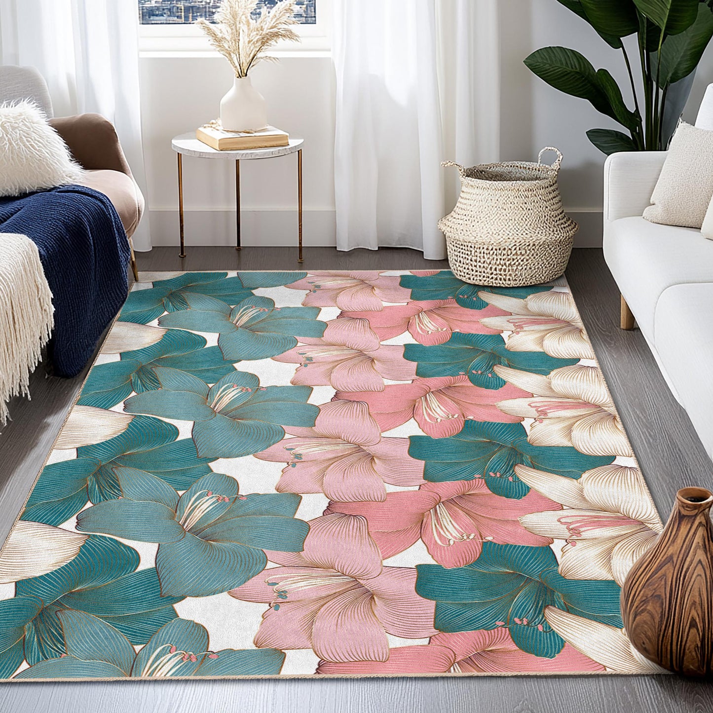 Weicher Baumwollteppich fürs Wohnzimmer | Eleganter rechteckiger Teppich mit Blumenmuster | Dekorativer Teppich für Ihr Zuhause | Lebendiges Blumendesign