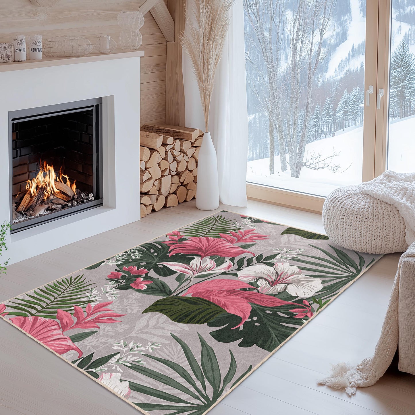 Lebendiger rechteckiger Teppich mit Blumenmuster | Dekorativer Teppich im tropischen Stil fürs Wohnzimmer | Stilvoller Teppich mit botanischem Flair