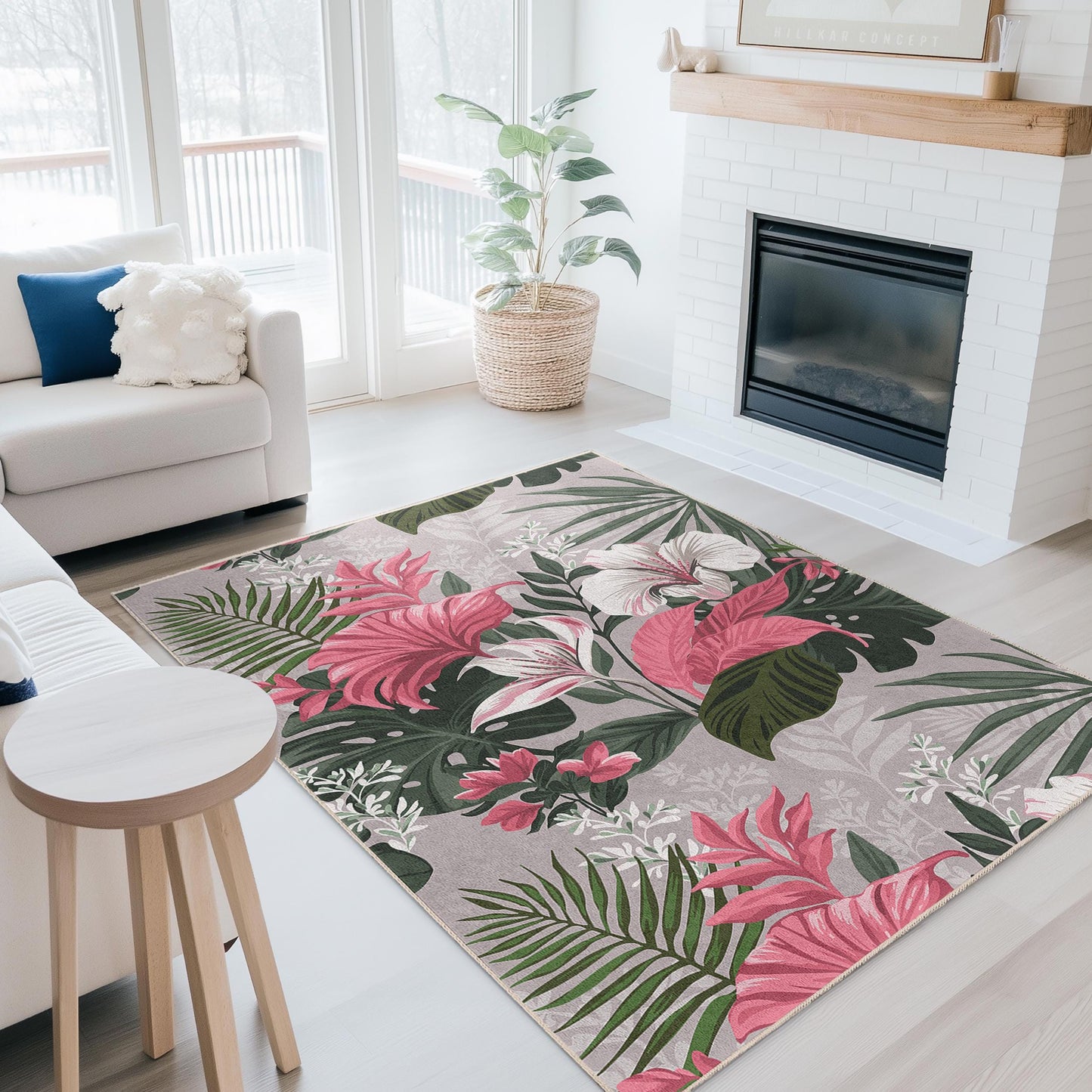 Lebendiger rechteckiger Teppich mit Blumenmuster | Dekorativer Teppich im tropischen Stil fürs Wohnzimmer | Stilvoller Teppich mit botanischem Flair