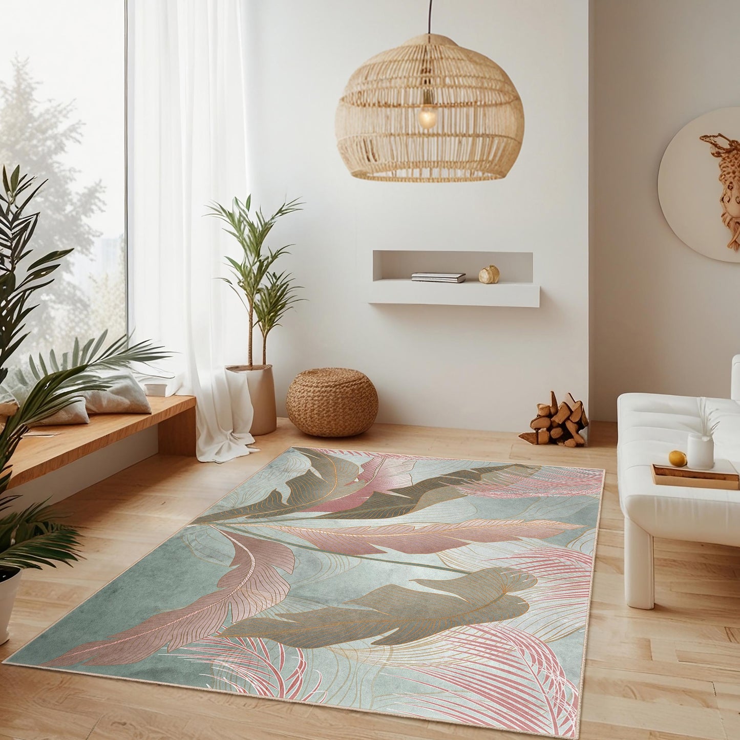 Weiche und waschbare Fußmatte | Eleganter rechteckiger Teppich mit Blattmuster | Stilvoller Wohnzimmerteppich | Moderne Wohnaccessoires