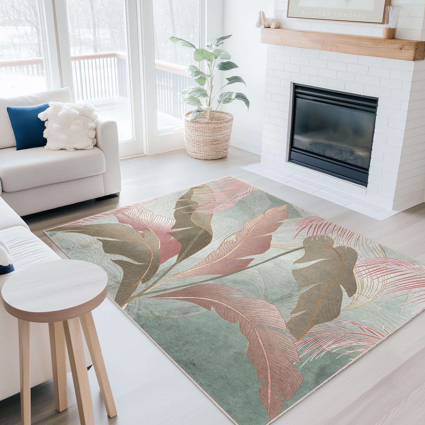 Weiche und waschbare Fußmatte | Eleganter rechteckiger Teppich mit Blattmuster | Stilvoller Wohnzimmerteppich | Moderne Wohnaccessoires