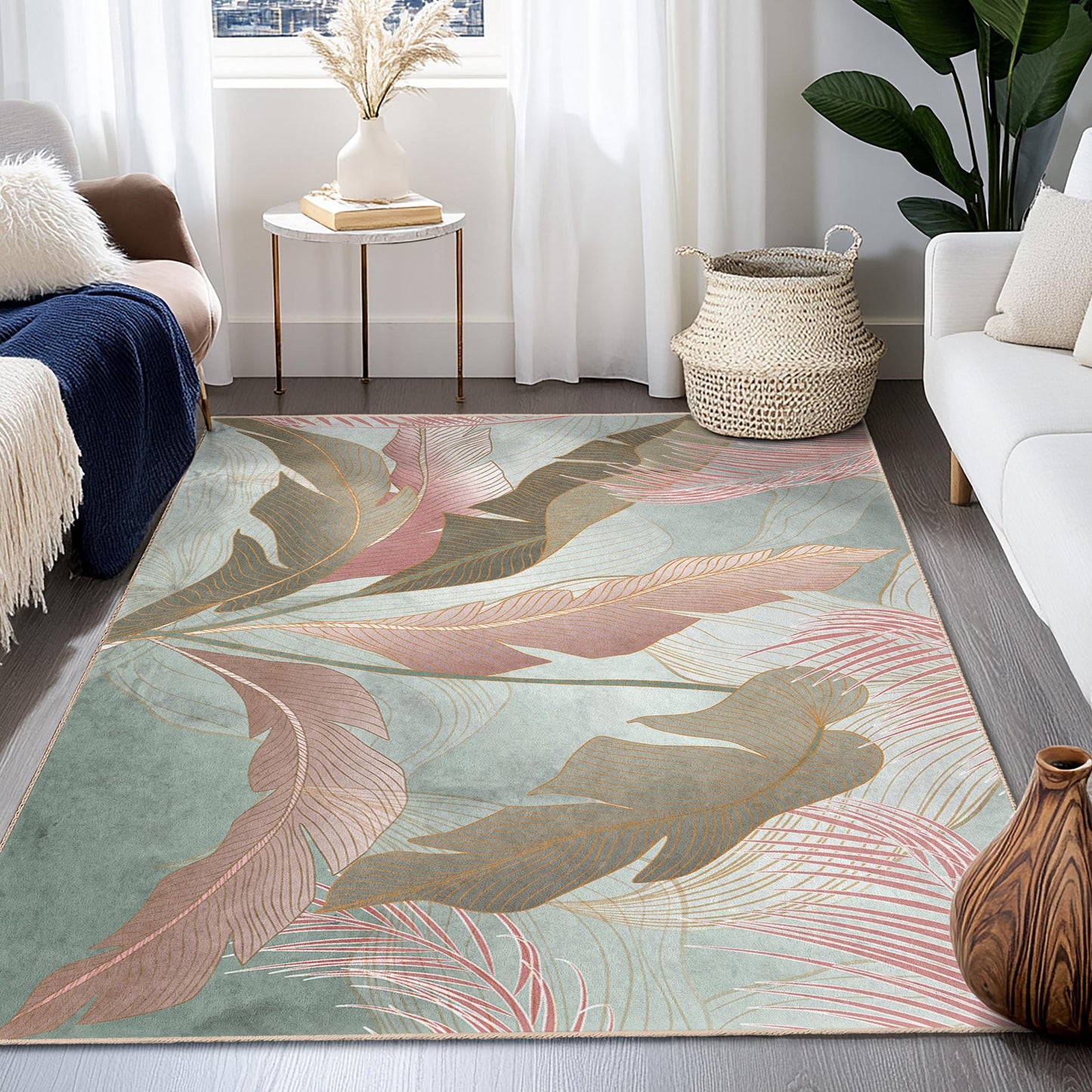 Weiche und waschbare Fußmatte | Eleganter rechteckiger Teppich mit Blattmuster | Stilvoller Wohnzimmerteppich | Moderne Wohnaccessoires